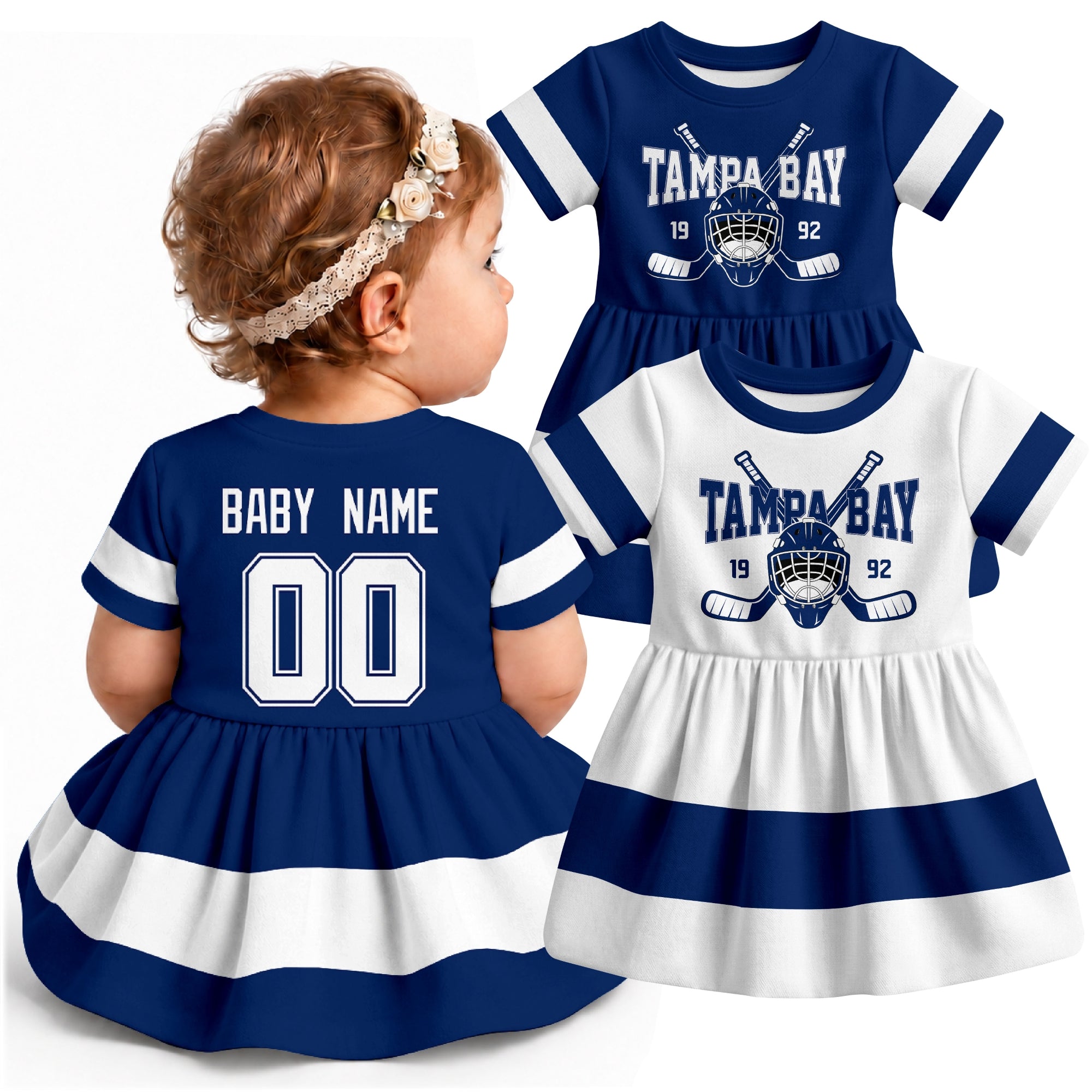 Personalized Tampa Bay hockey baby bodysuit dress shown on baby with Blue and White city-color styles