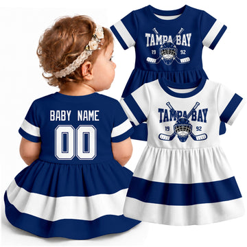 Personalized Tampa Bay hockey baby bodysuit dress shown on baby with Blue and White city-color styles