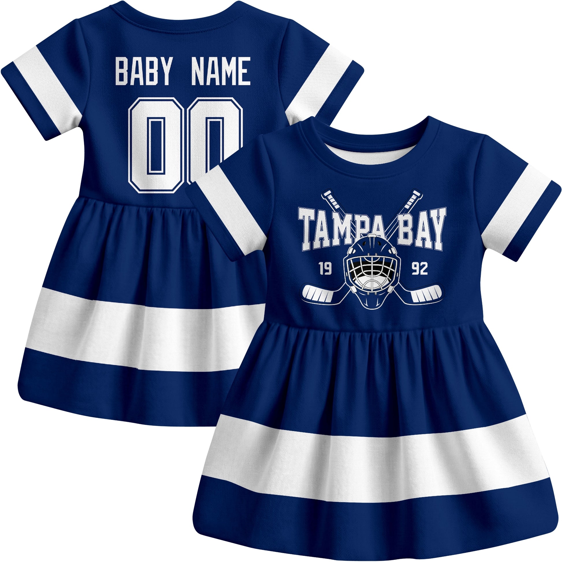 Tampa Bay hockey baby bodysuit dress Blue style front and back view