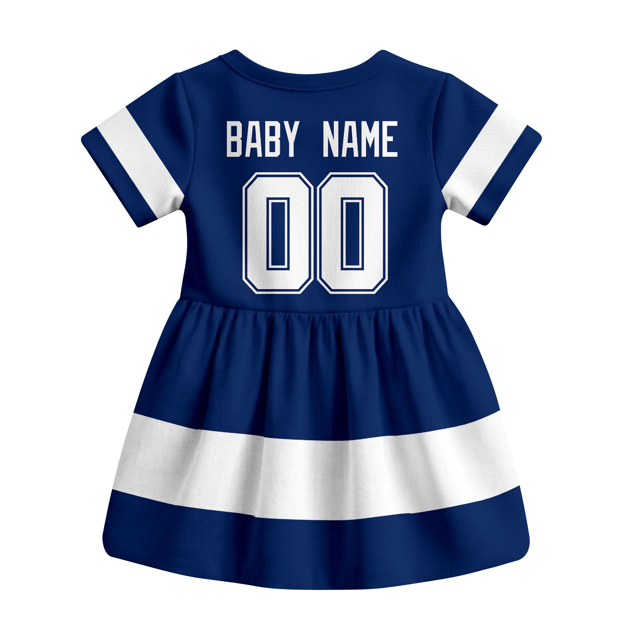 Blue Tampa Bay hockey baby bodysuit dress back view with custom baby name and number