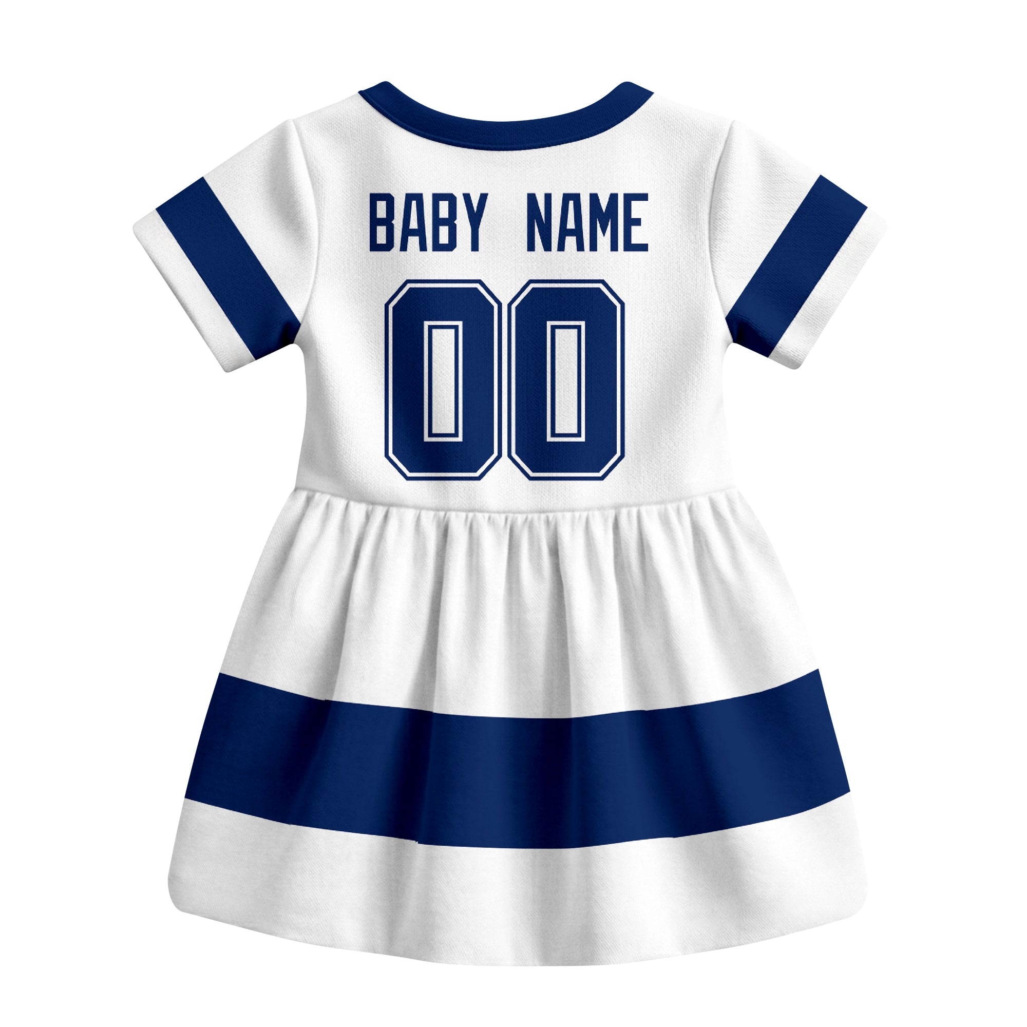 White Tampa Bay hockey baby bodysuit dress back view with custom baby name and number