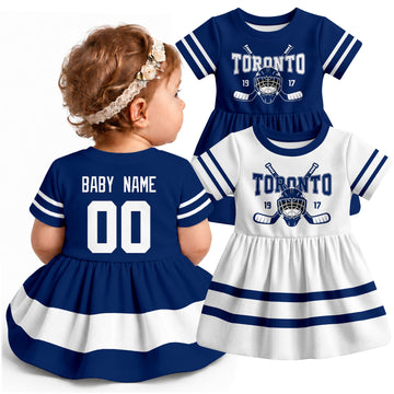 Personalized Toronto hockey baby bodysuit dress shown on baby with Blue and White city-color styles