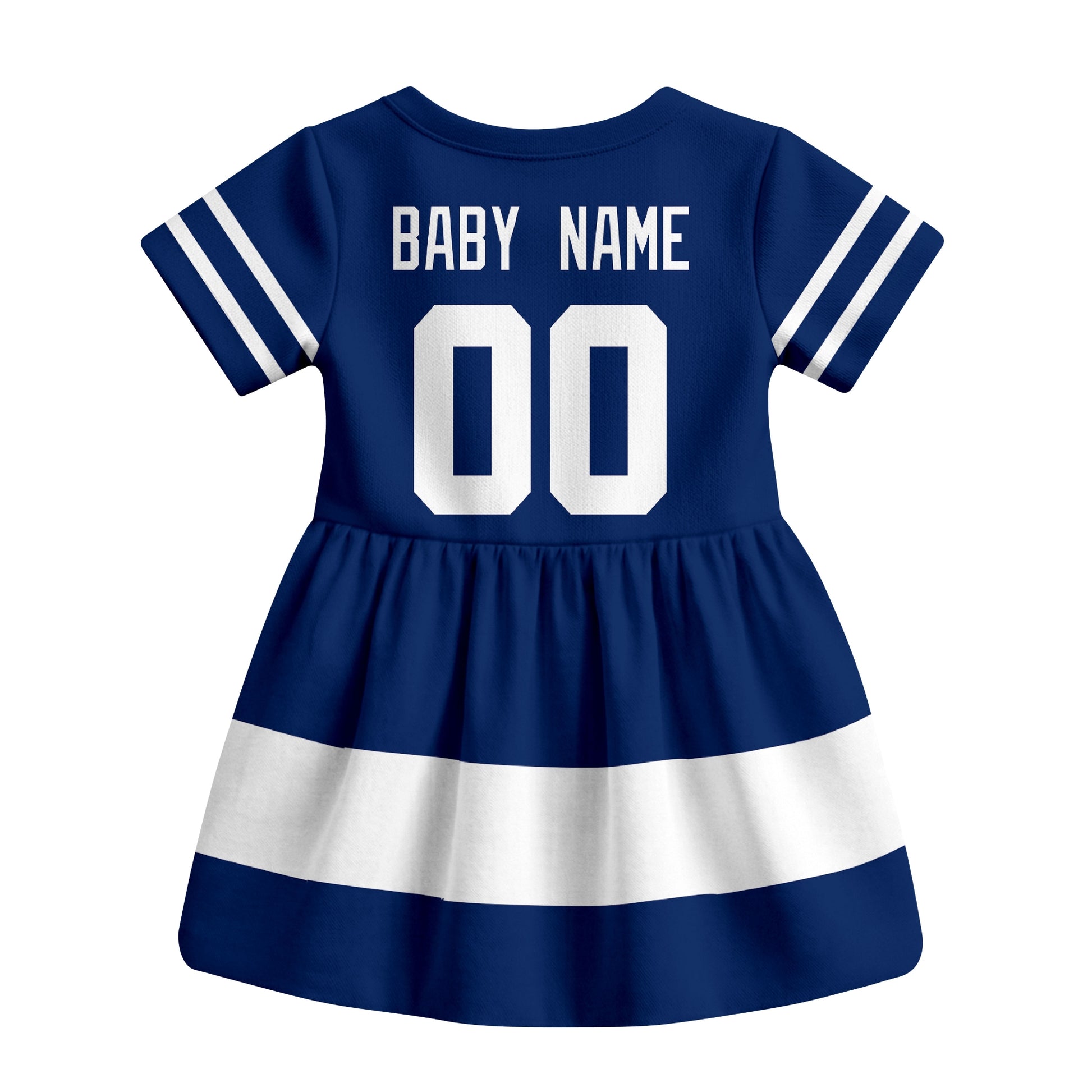 Blue Toronto hockey baby bodysuit dress back view with custom baby name and number