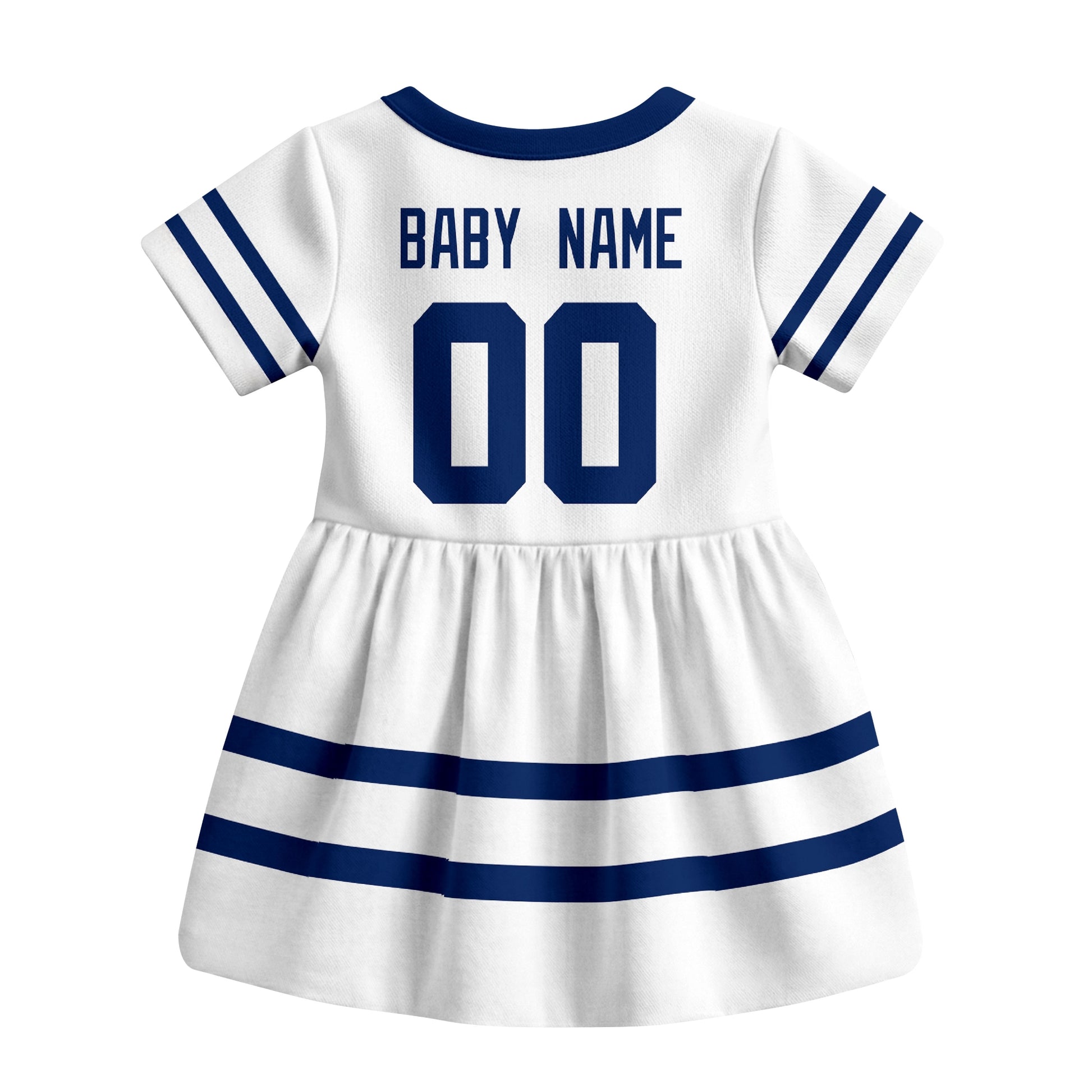 White Toronto hockey baby bodysuit dress back view with custom baby name and number