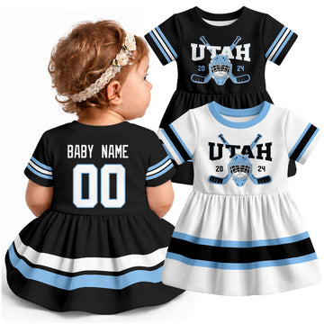 Personalized Utah hockey baby bodysuit dress shown on baby with Black and White city-color styles