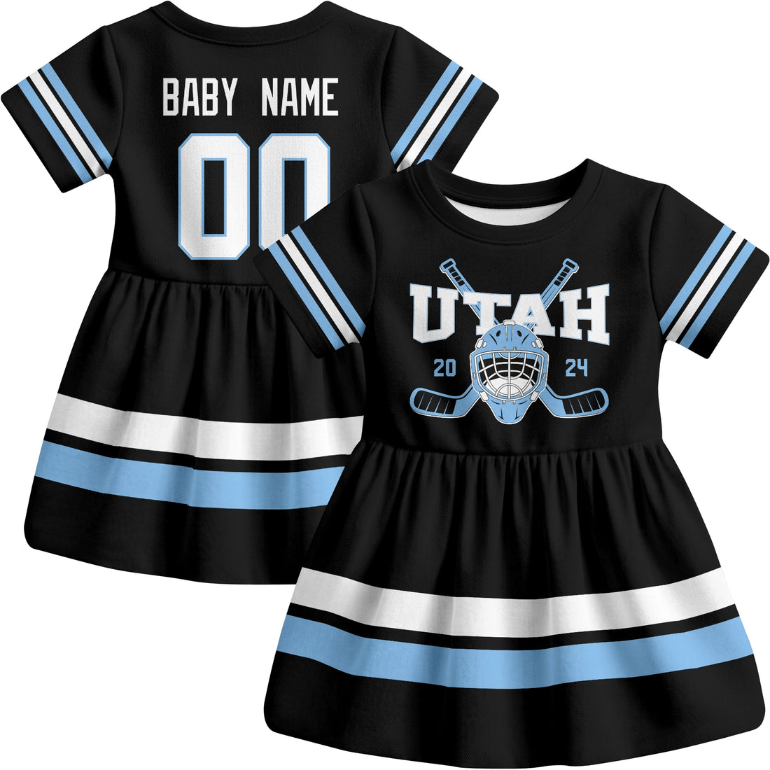 Personalized Utah hockey baby bodysuit dress shown on baby with Black and White city-color styles
