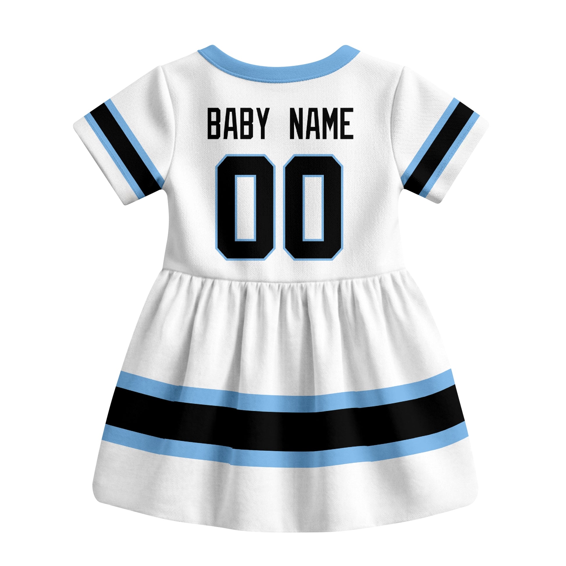 White Utah hockey baby bodysuit dress back view with custom baby name and number