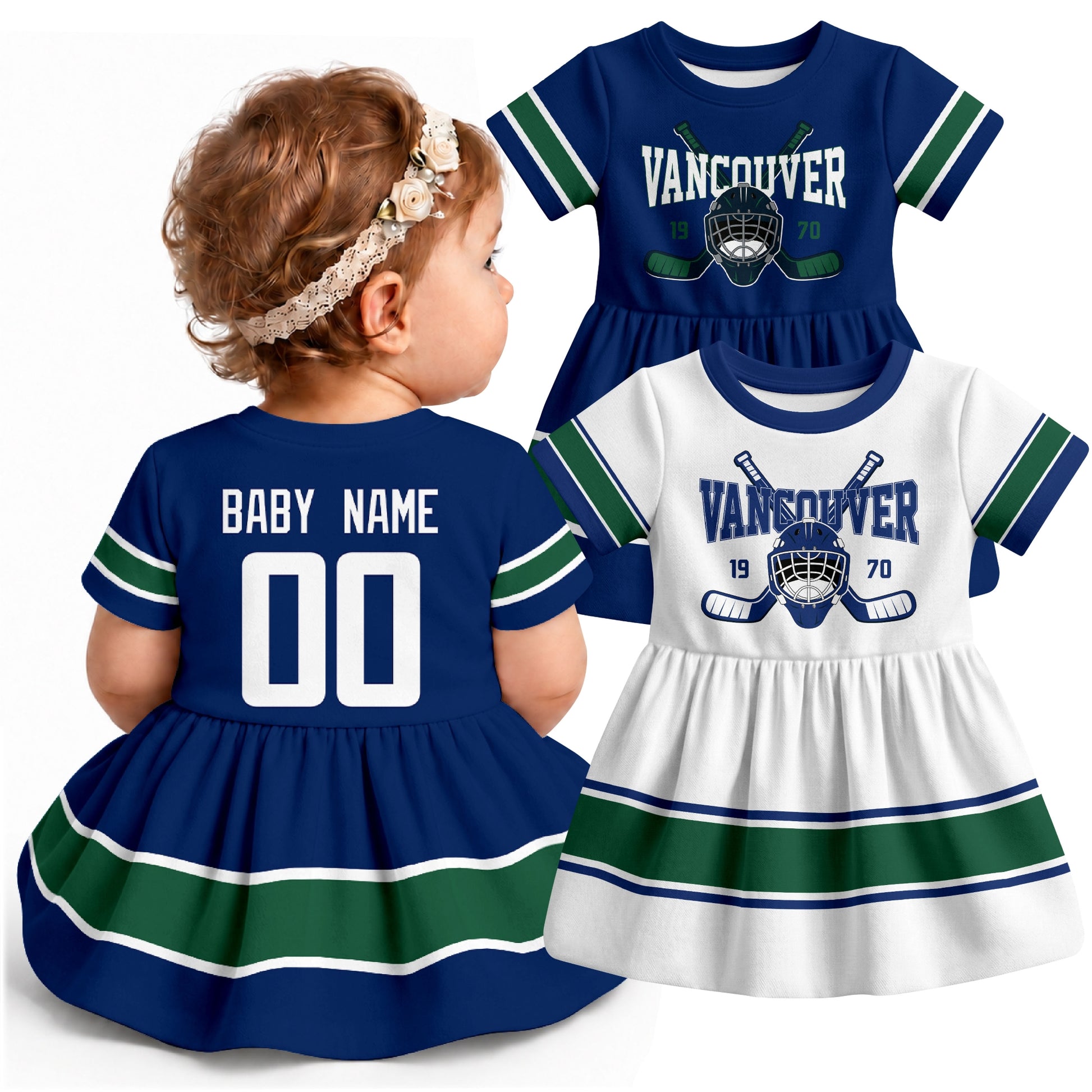 Personalized Vancouver hockey baby bodysuit dress shown on baby with Blue and White city-color styles