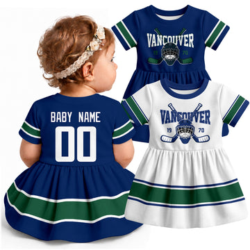Personalized Vancouver hockey baby bodysuit dress shown on baby with Blue and White city-color styles