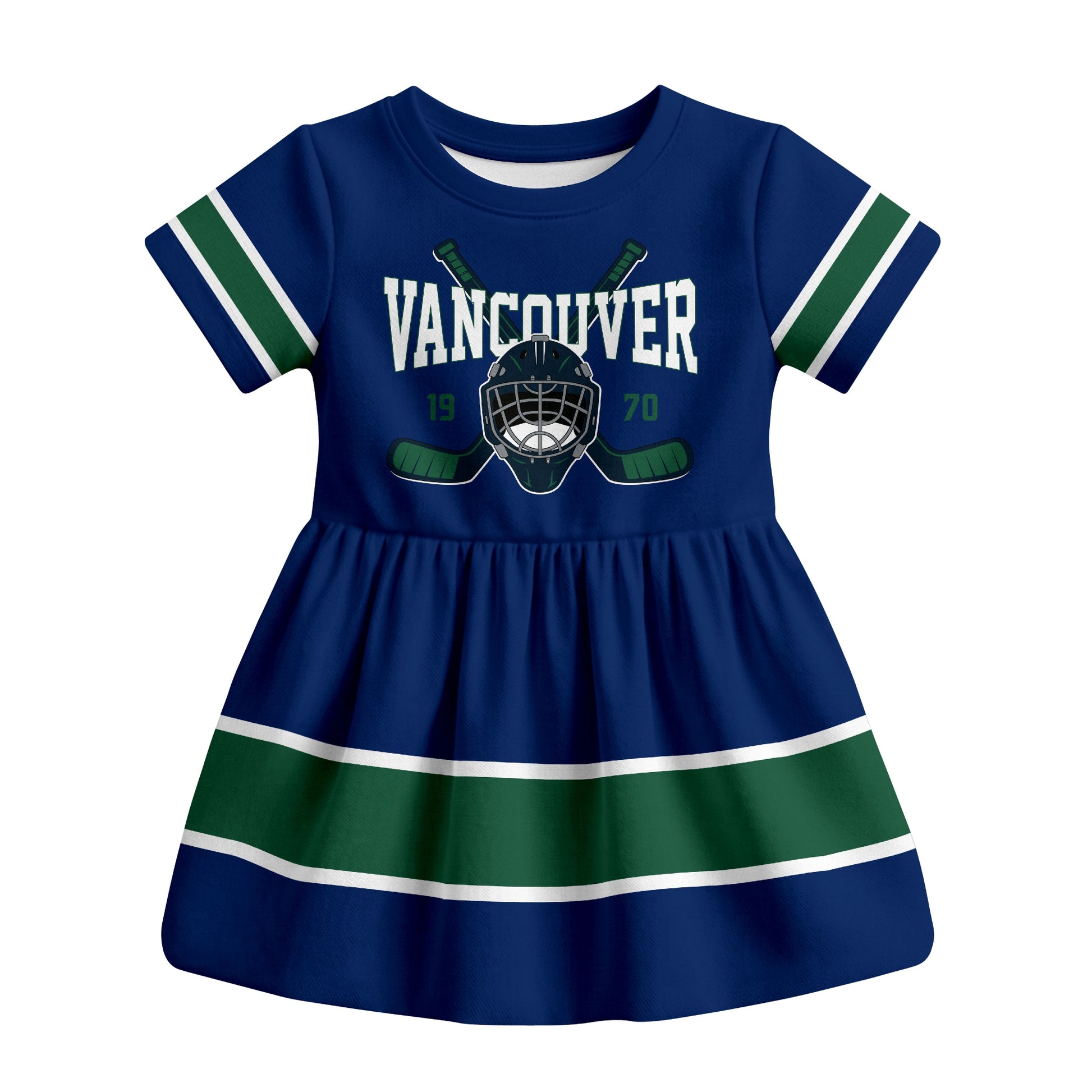 Blue Vancouver hockey baby bodysuit dress front view