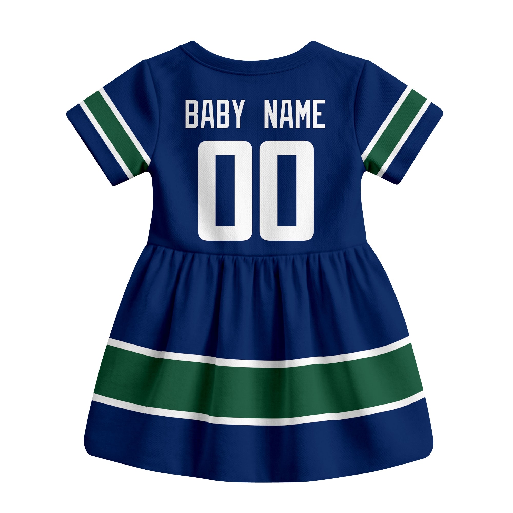 Blue Vancouver hockey baby bodysuit dress back view with custom baby name and number