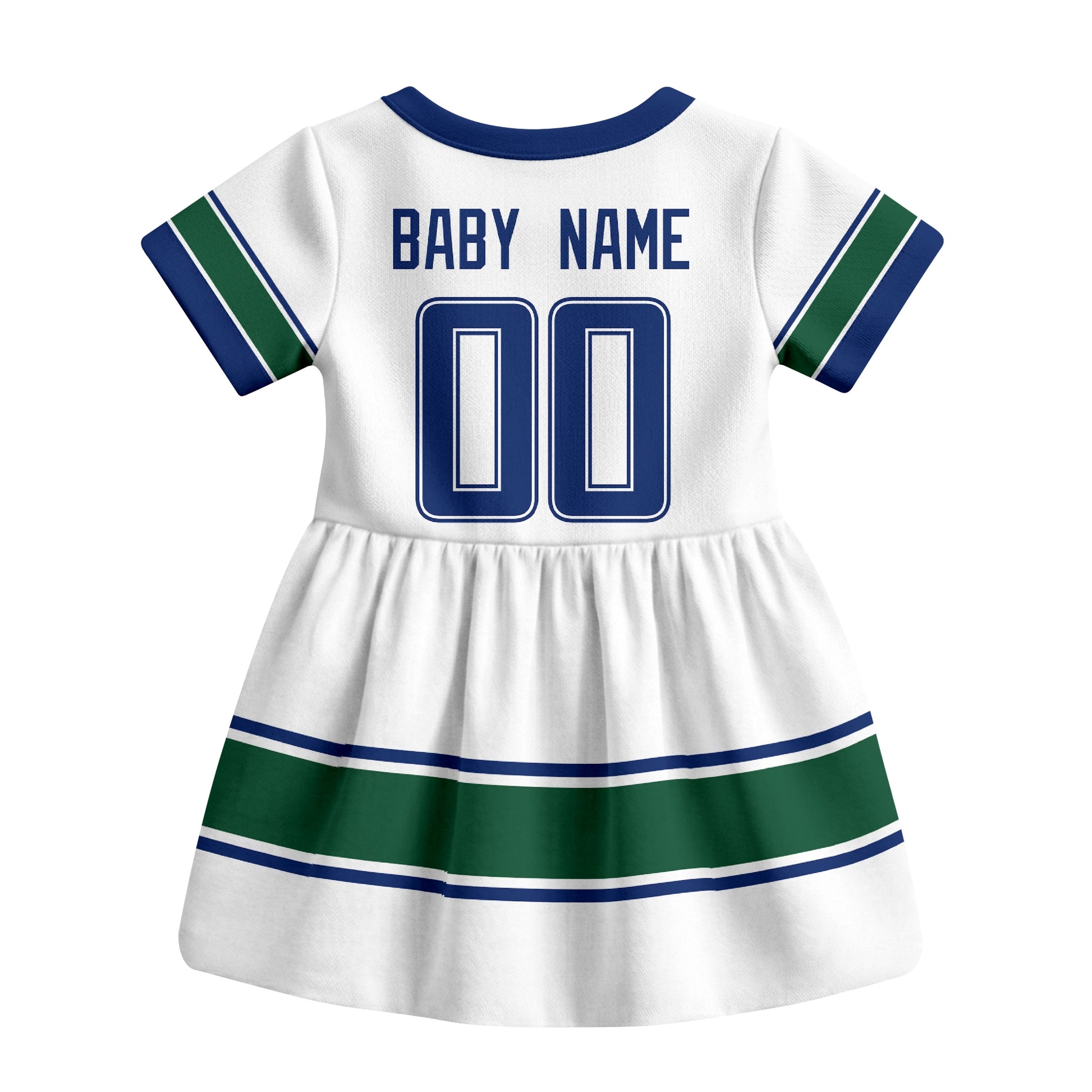 White Vancouver hockey baby bodysuit dress back view with custom baby name and number