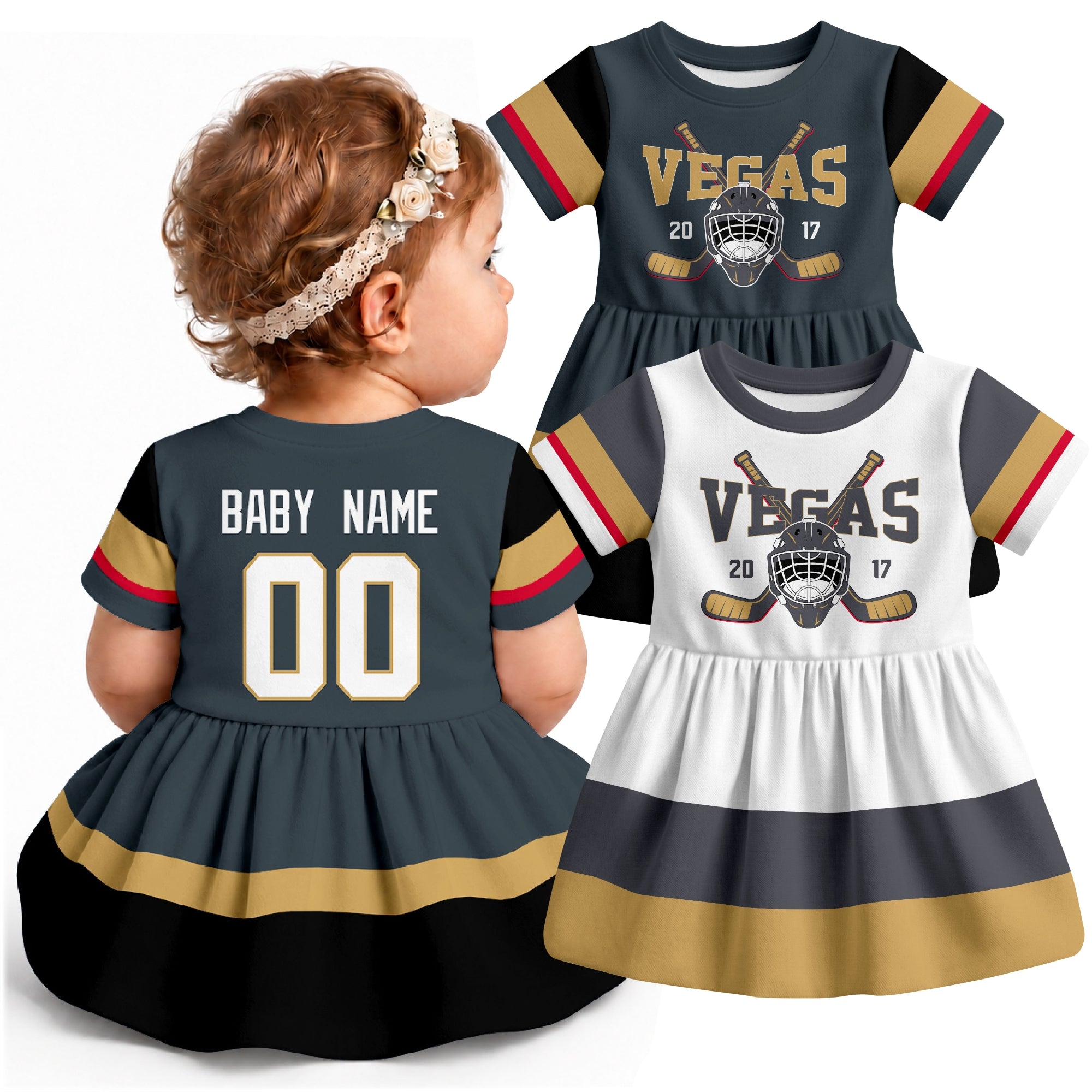 Personalized Vegas hockey baby bodysuit dress shown on baby with Gray and White city-color styles
