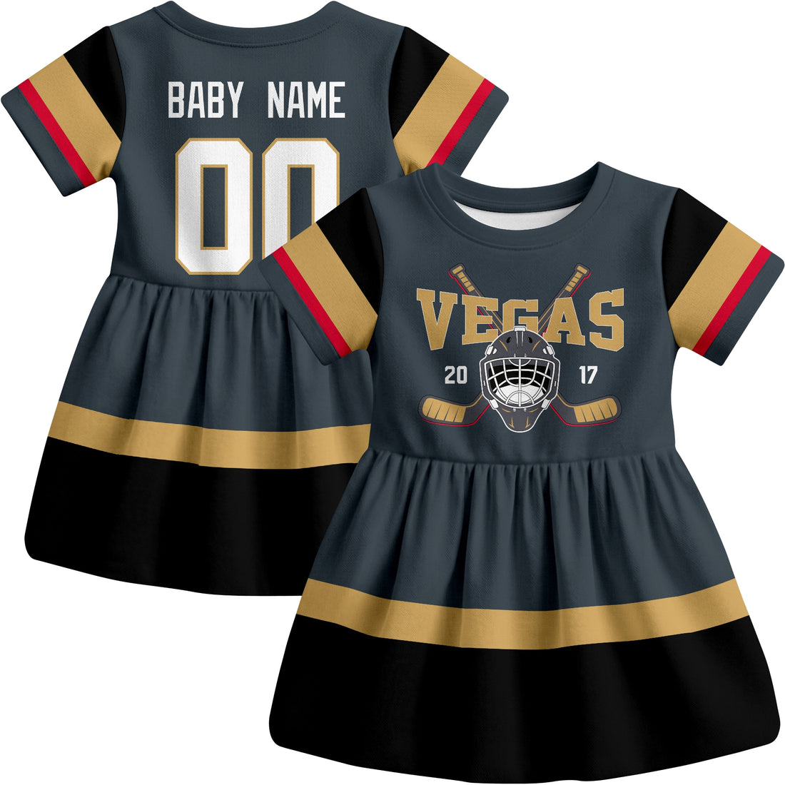 Personalized Vegas hockey baby bodysuit dress shown on baby with Gray and White city-color styles