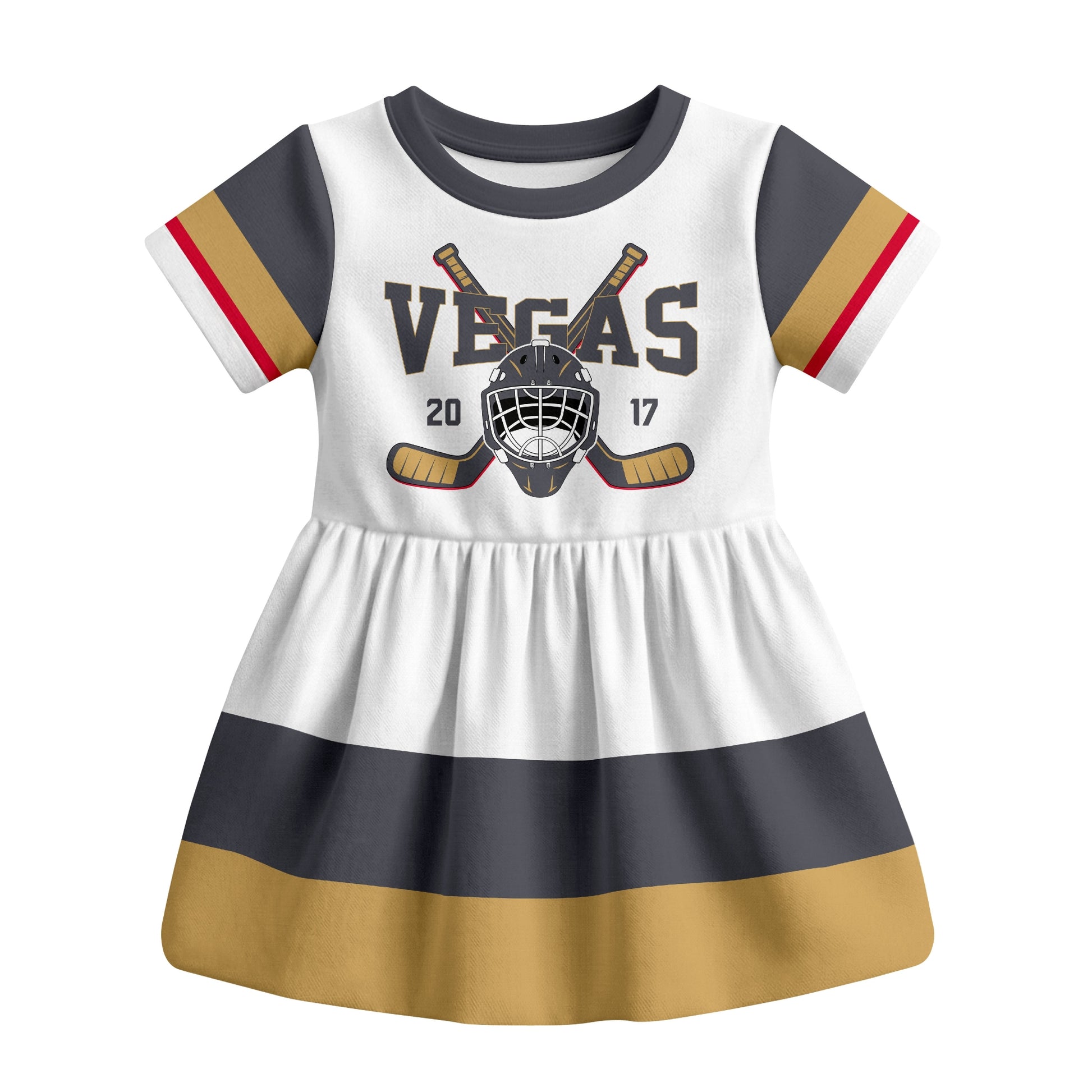 White Vegas hockey baby bodysuit dress front view