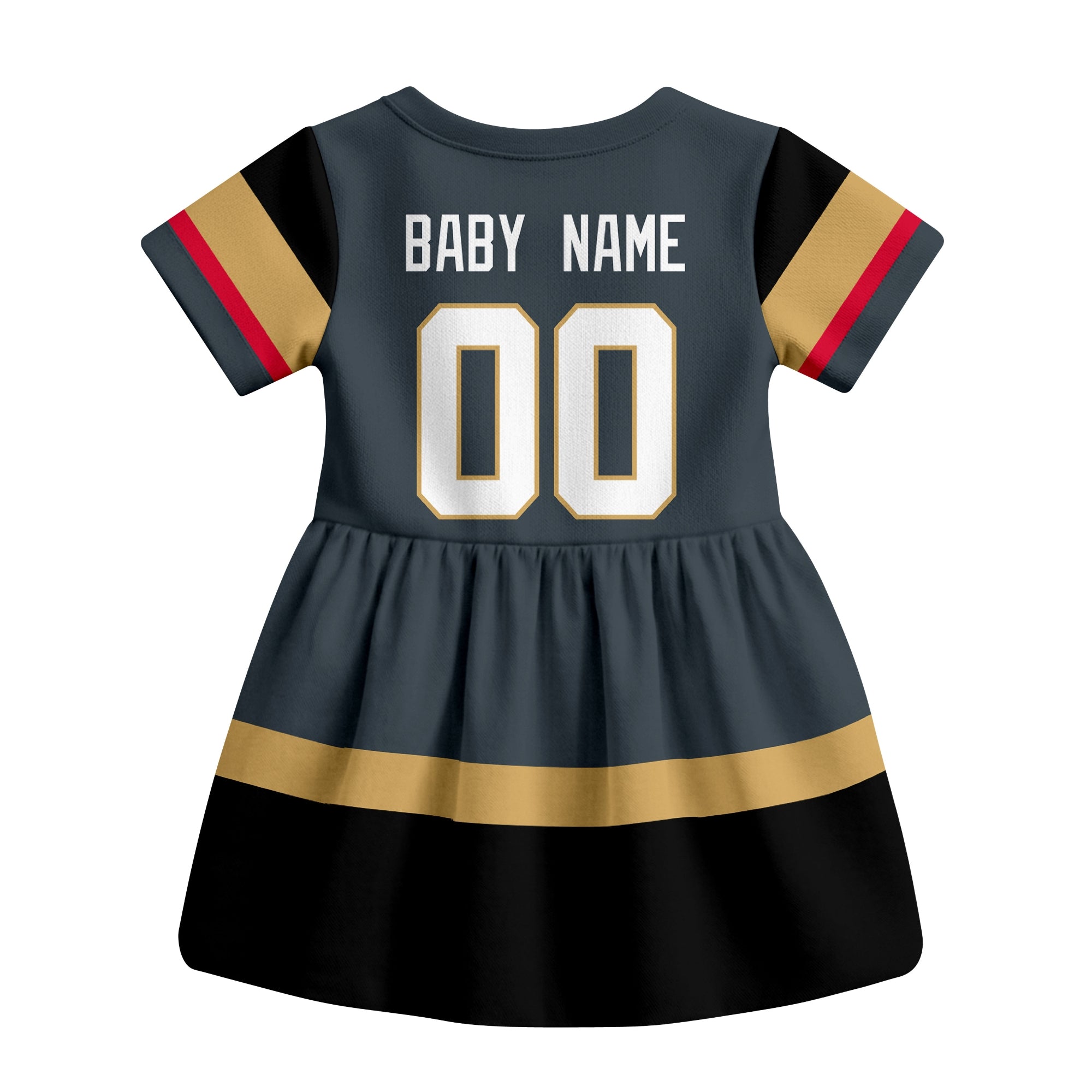 Gray Vegas hockey baby bodysuit dress back view with custom baby name and number