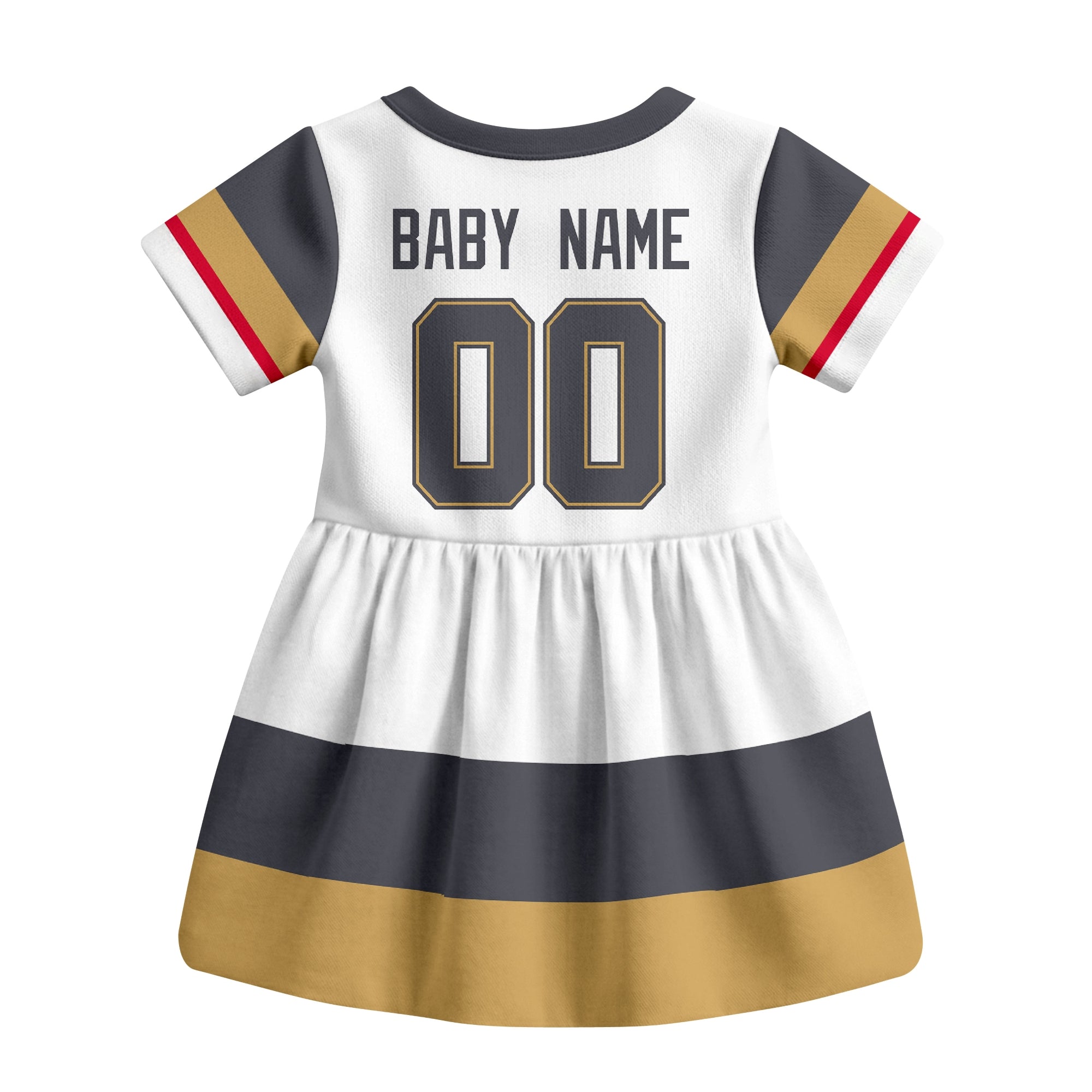 White Vegas hockey baby bodysuit dress back view with custom baby name and number