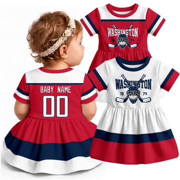 Personalized Washington hockey baby bodysuit dress shown on baby with Red and White city-color styles