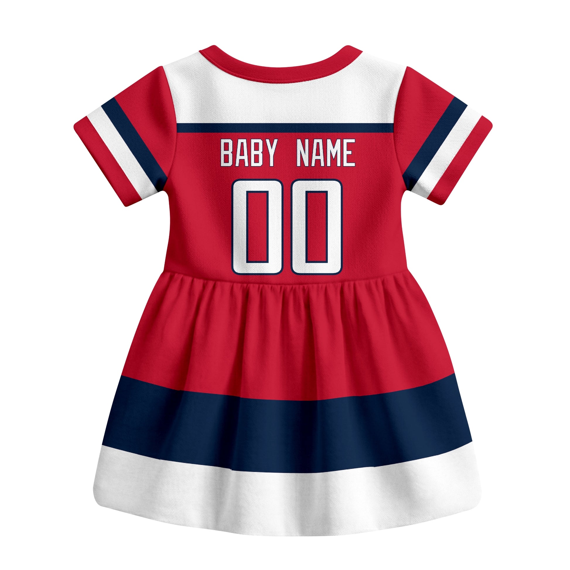 Red Washington hockey baby bodysuit dress back view with custom baby name and number