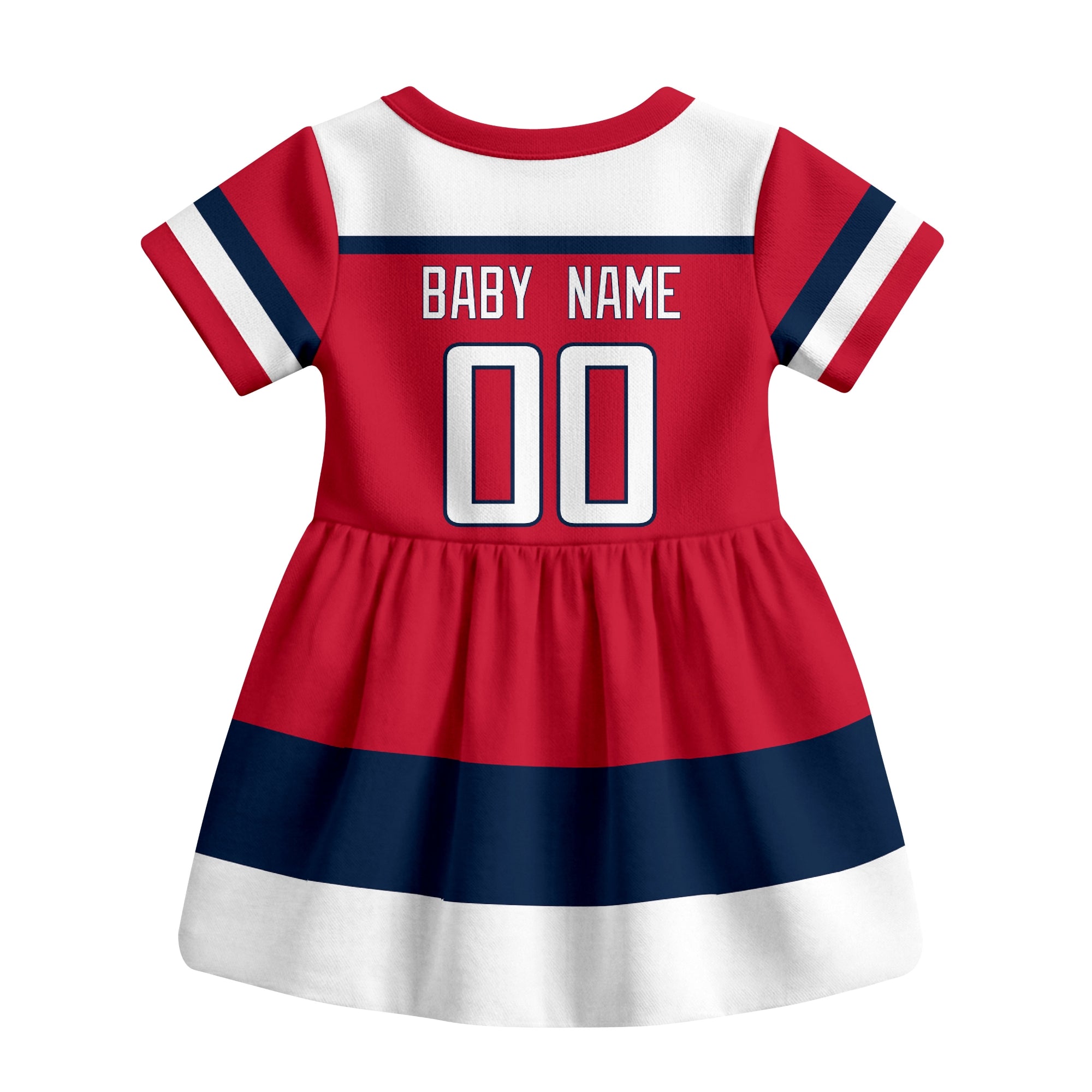 Red Washington hockey baby bodysuit dress back view with custom baby name and number