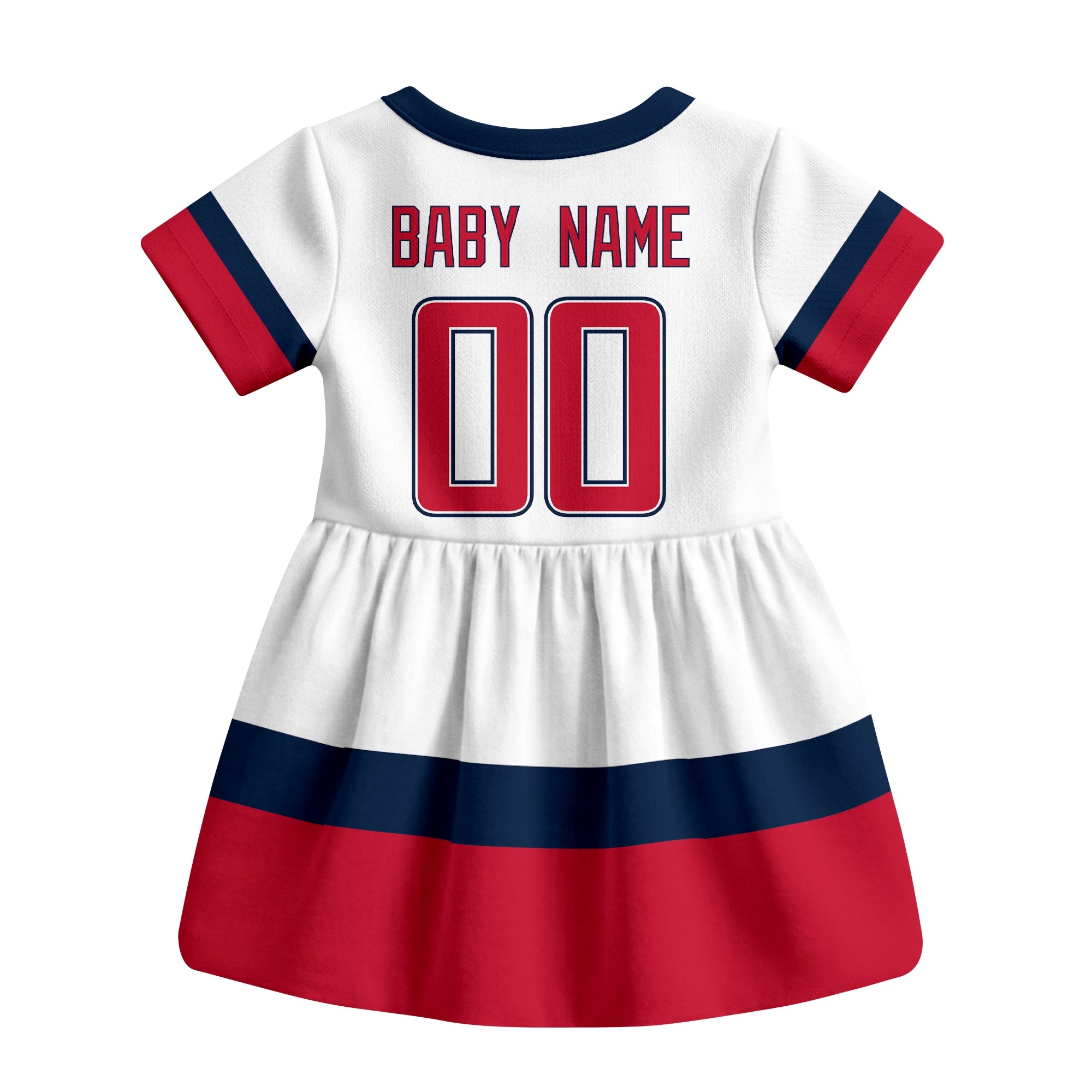 White Washington hockey baby bodysuit dress back view with custom baby name and number