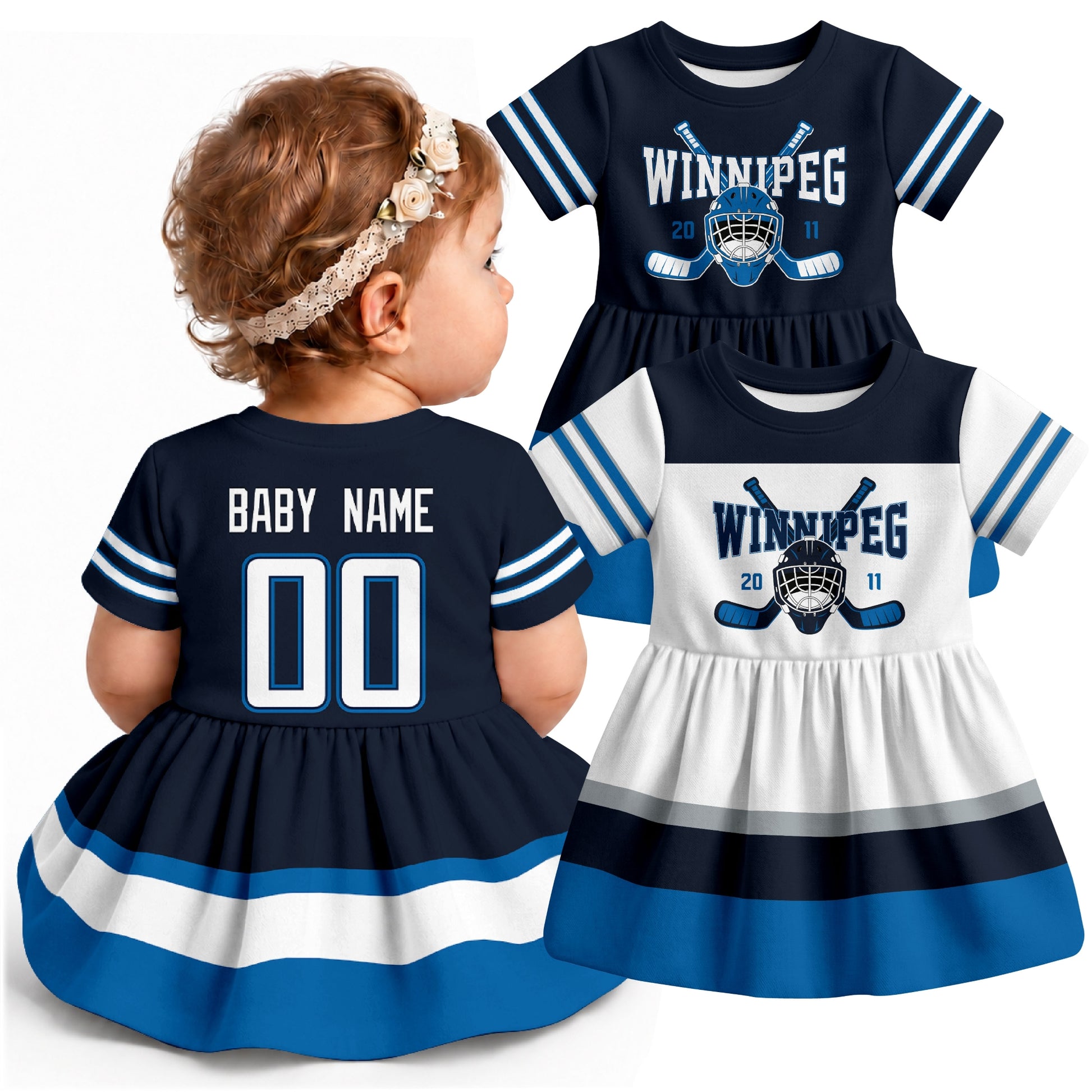 Personalized Winnipeg hockey baby bodysuit dress shown on baby with Navy and White city-color styles