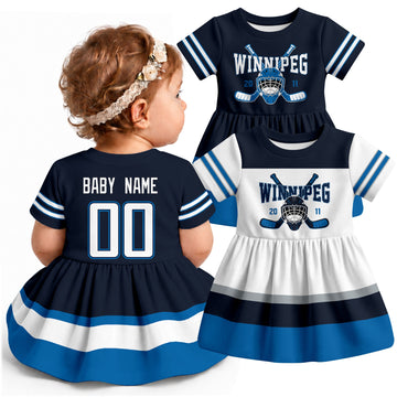 Personalized Winnipeg hockey baby bodysuit dress shown on baby with Navy and White city-color styles