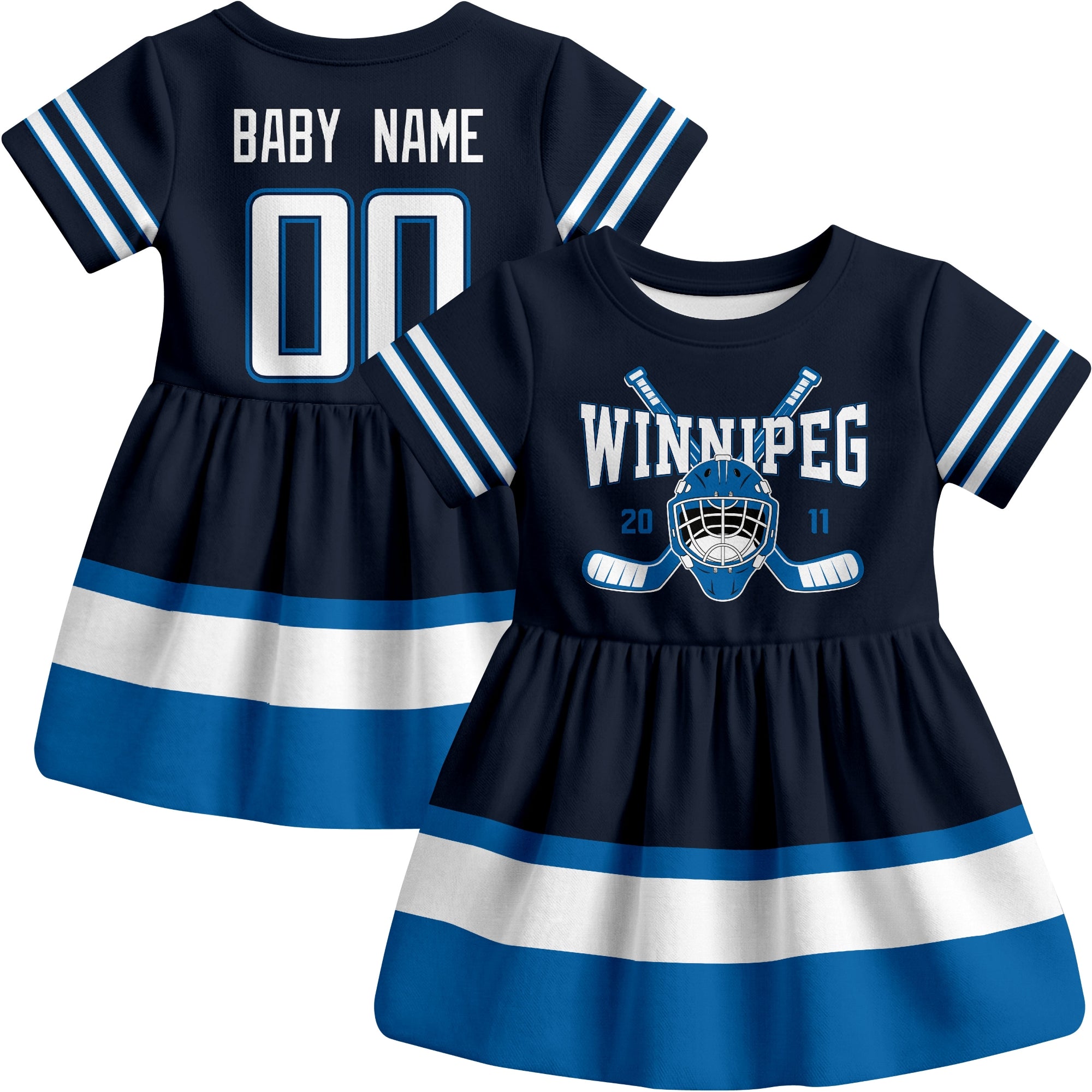Winnipeg hockey baby bodysuit dress Navy style front and back view