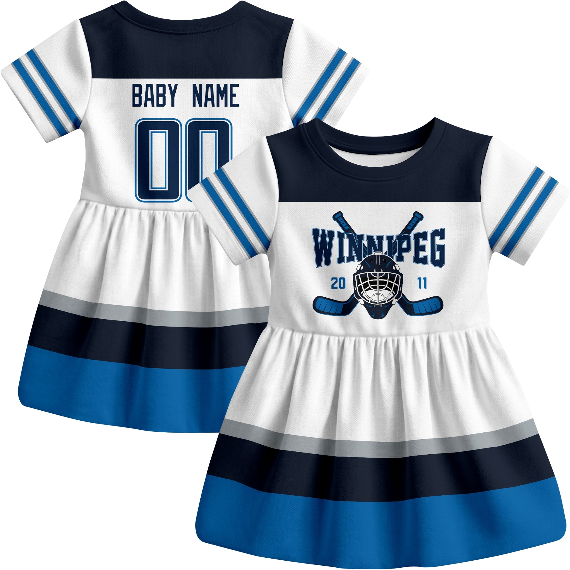 Winnipeg hockey baby bodysuit dress White style front and back view