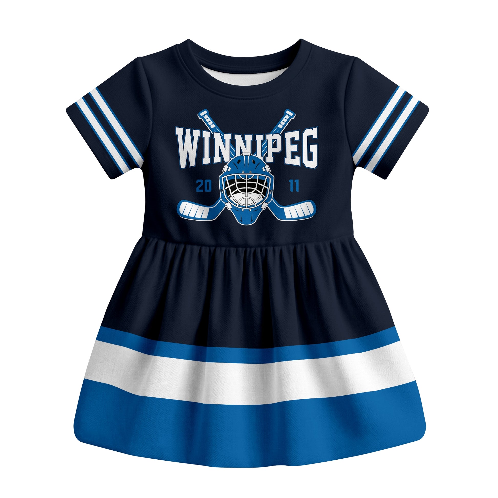 Navy Winnipeg hockey baby bodysuit dress front view