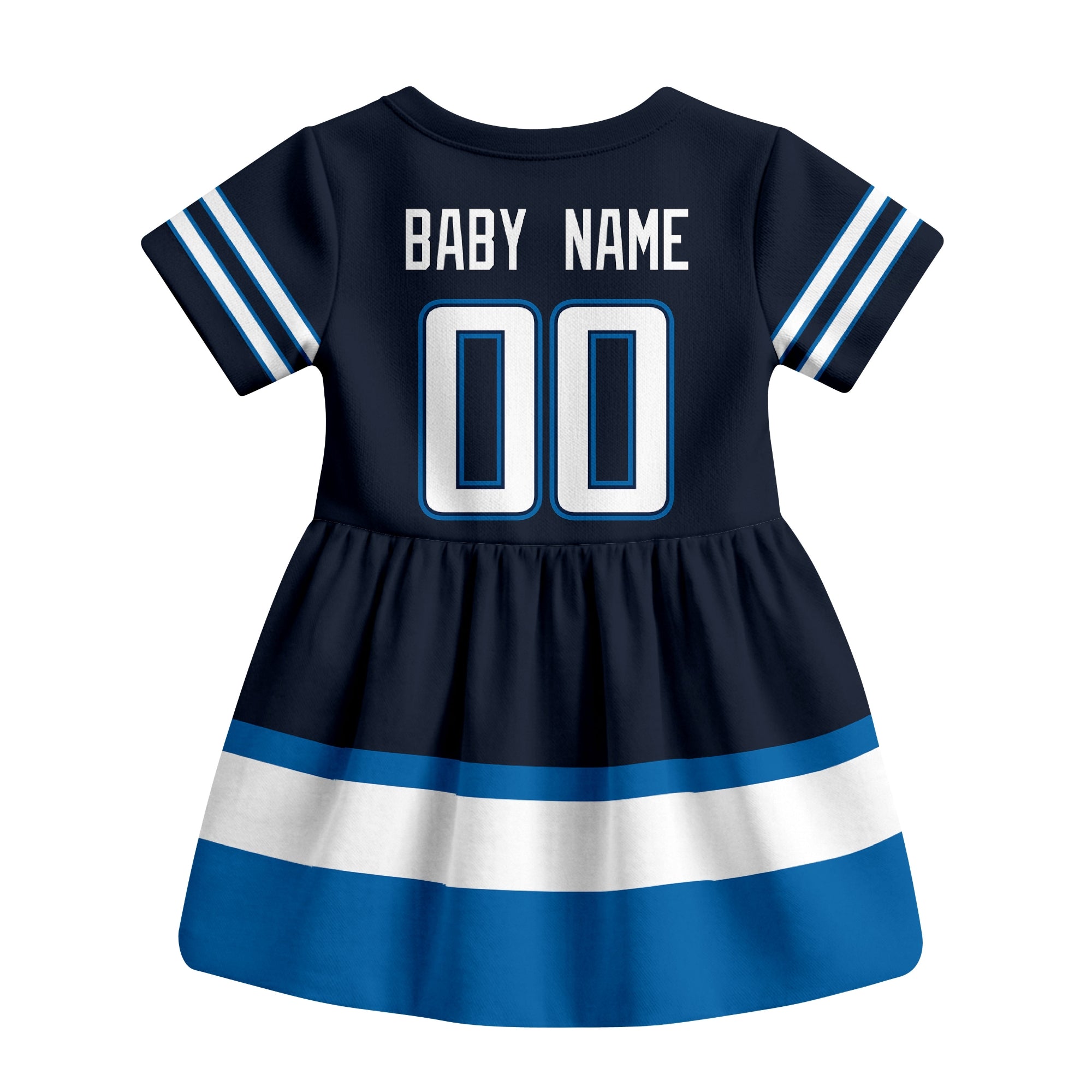 Navy Winnipeg hockey baby bodysuit dress back view with custom baby name and number