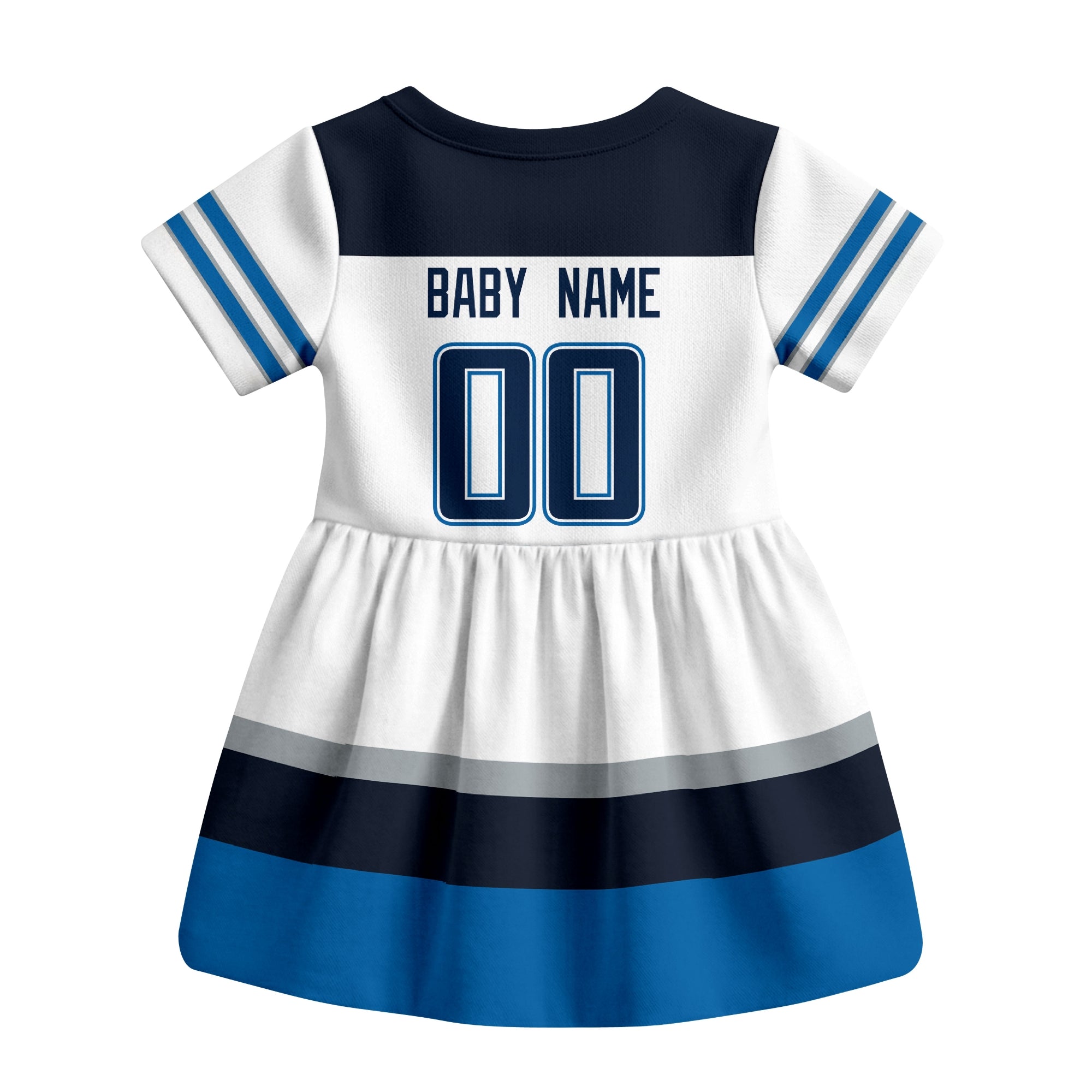 White Winnipeg hockey baby bodysuit dress back view with custom baby name and number