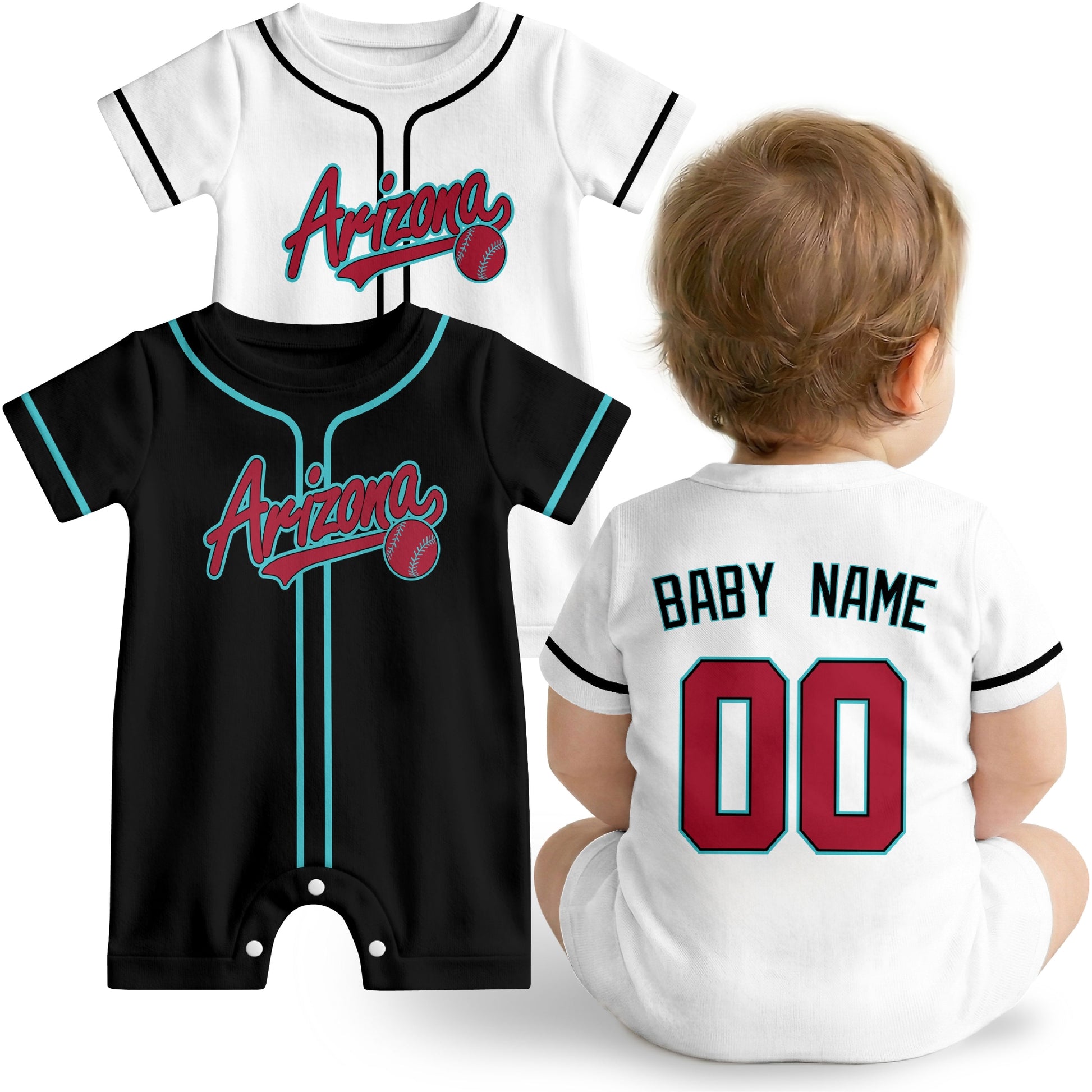 Arizona Baby wearing custom baseball-style romper in black and white with personalized name and number, shown beside two additional sporty color variations