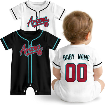 Arizona Baby wearing custom baseball-style romper in black and white with personalized name and number, shown beside two additional sporty color variations