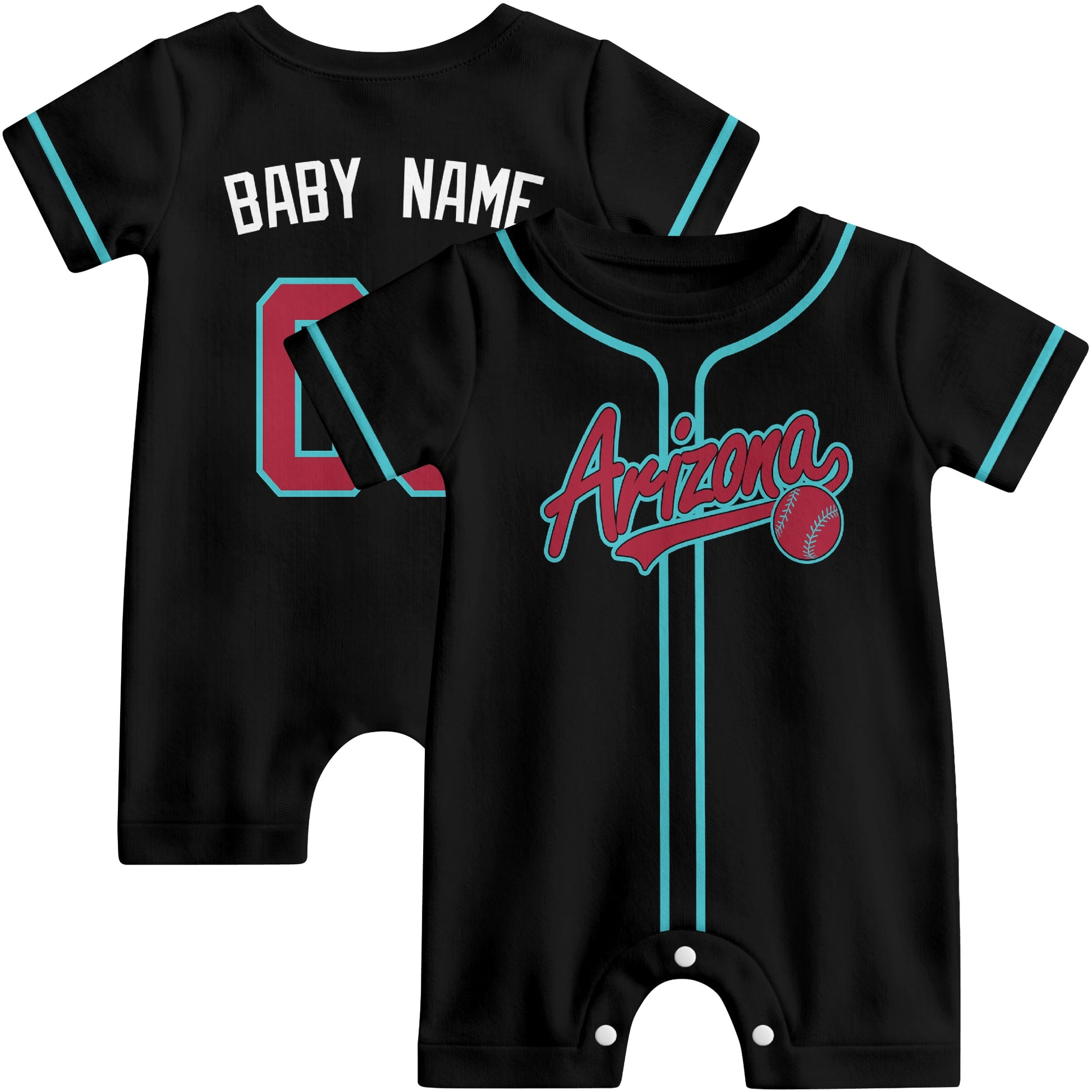 Front and back view of black and white custom baseball-style baby romper