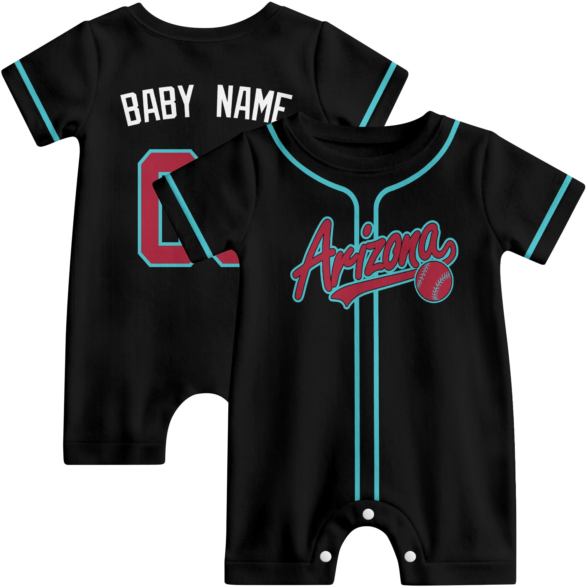 Front and back view of black and white custom baseball-style baby romper