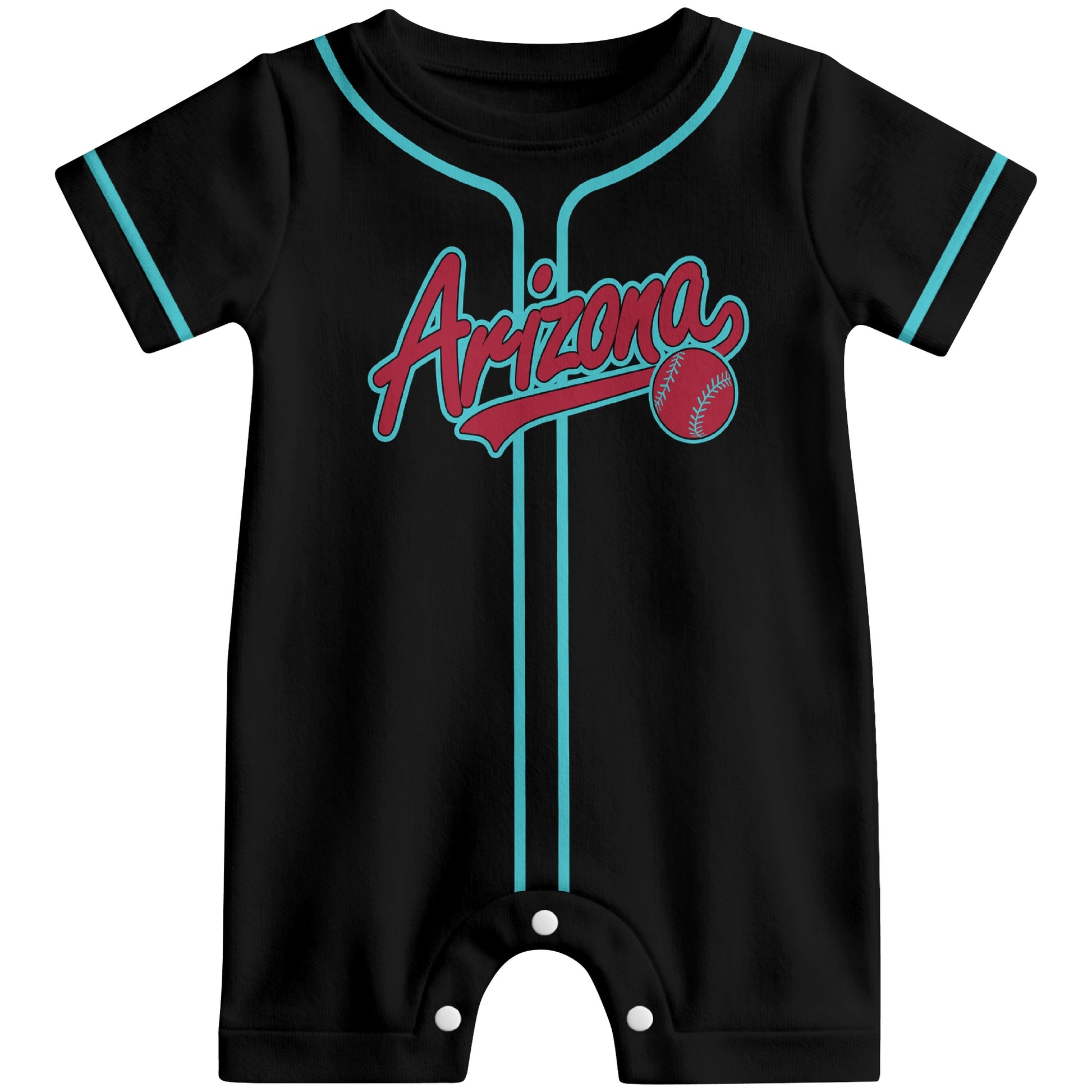 Front view of black custom baseball-style baby romper with team-inspired text design