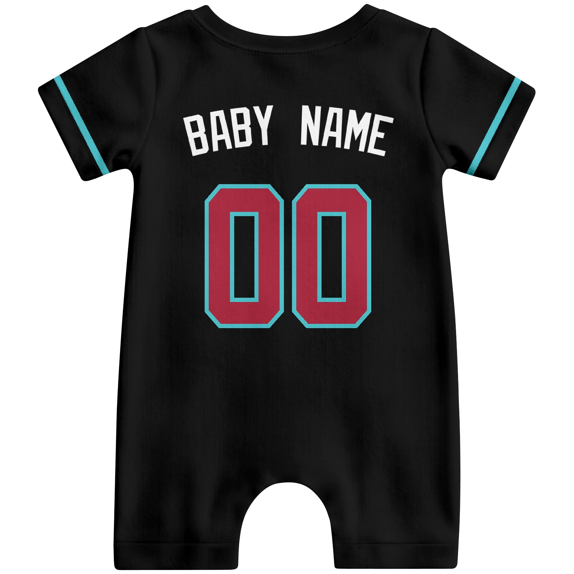 Back view of black custom baby romper with personalized name and number