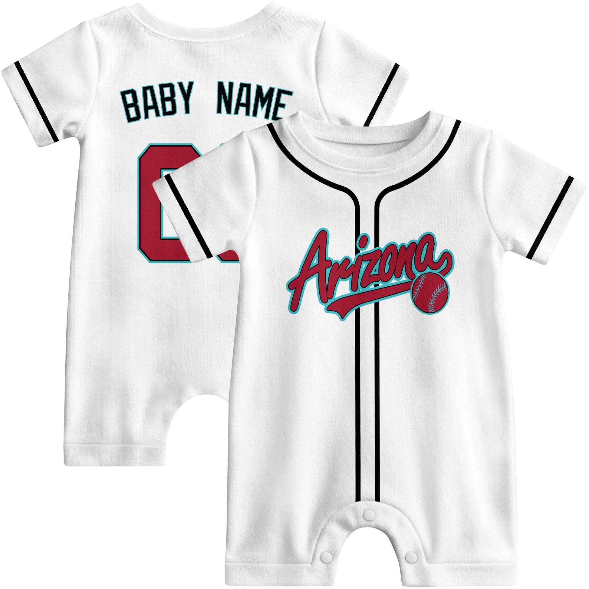 Front and back view of white custom baseball-style baby romper
