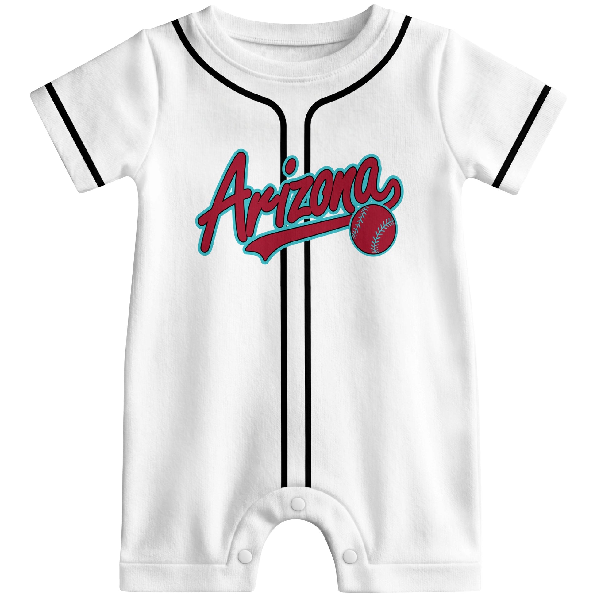 Front view of white custom baseball-style baby romper with team-inspired text design
