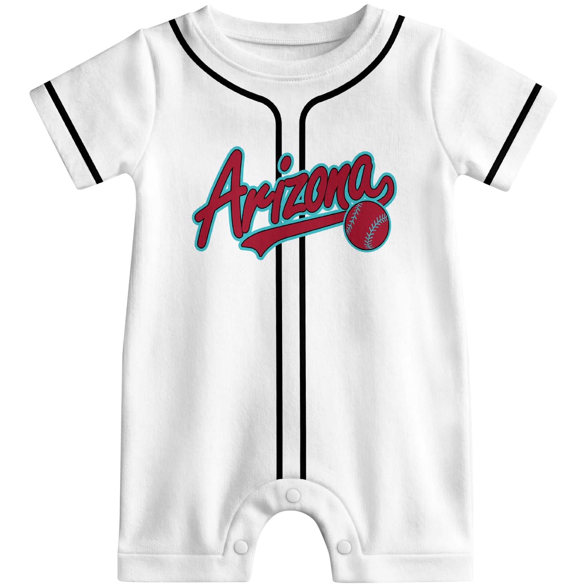 Front view of white custom baseball-style baby romper with team-inspired text design