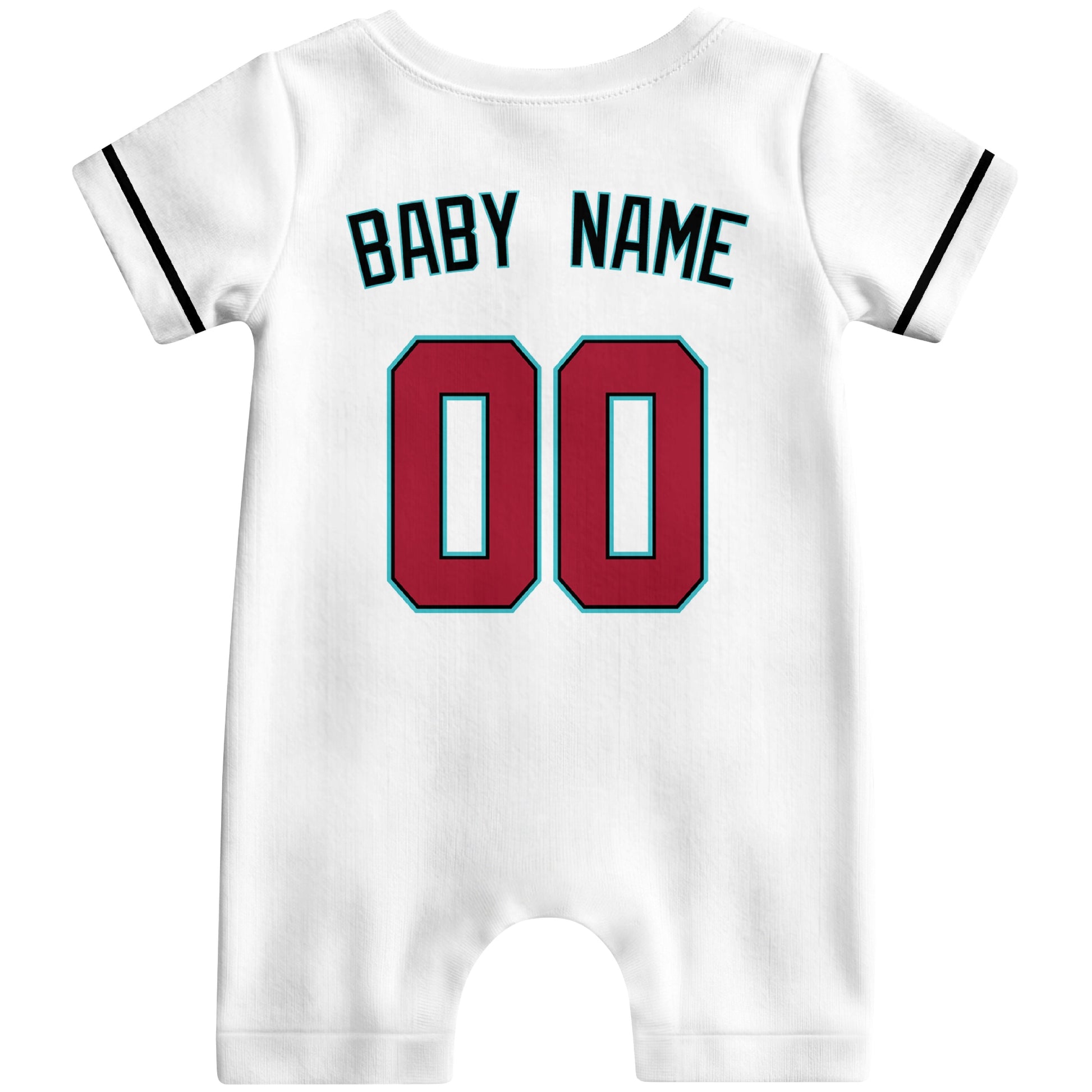 Back view of white custom baby romper with personalized name and number