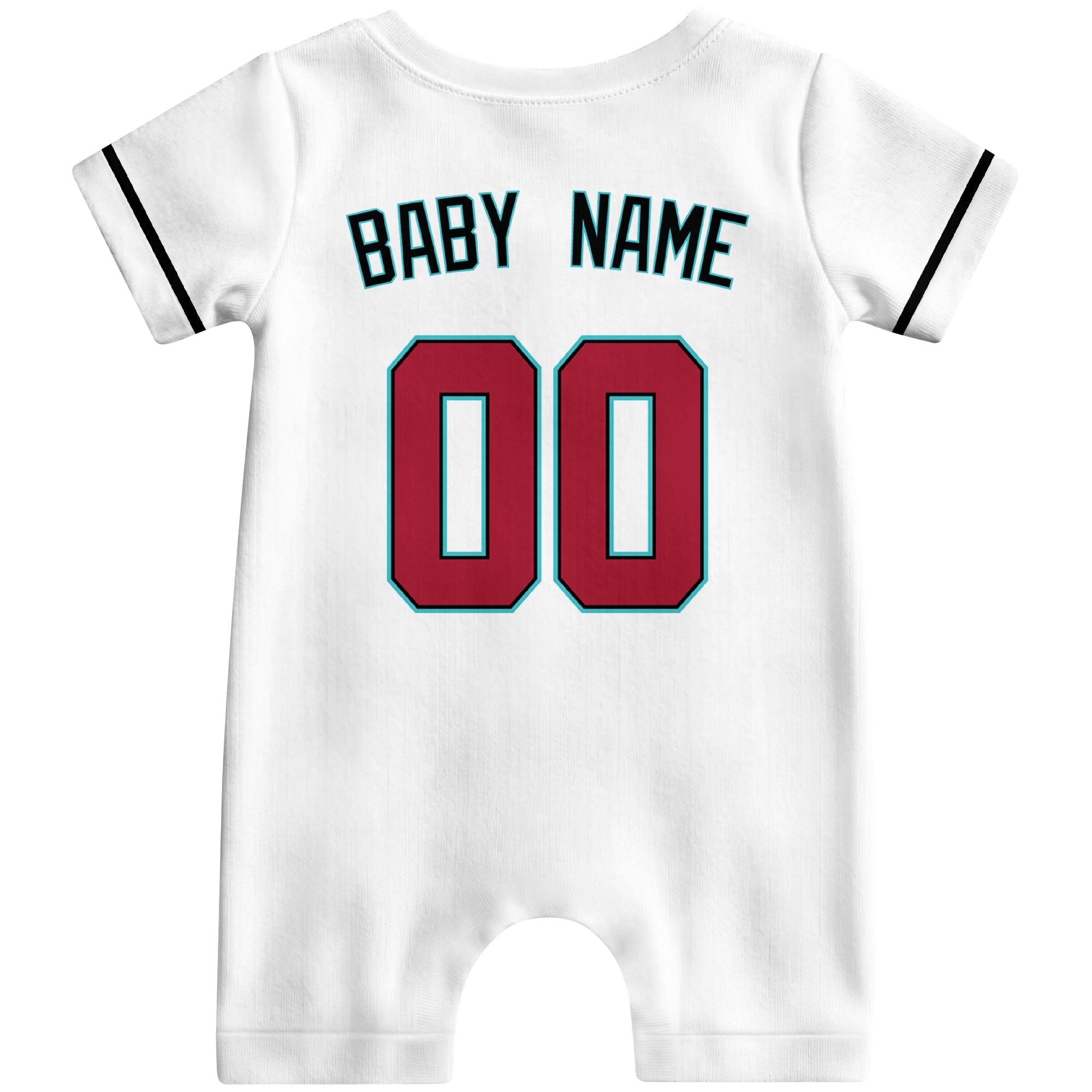 Back view of white custom baby romper with personalized name and number