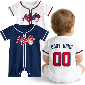 Atlanta Baby wearing custom baseball-style romper in navy and red with personalized name and number, shown beside two additional sporty color variations