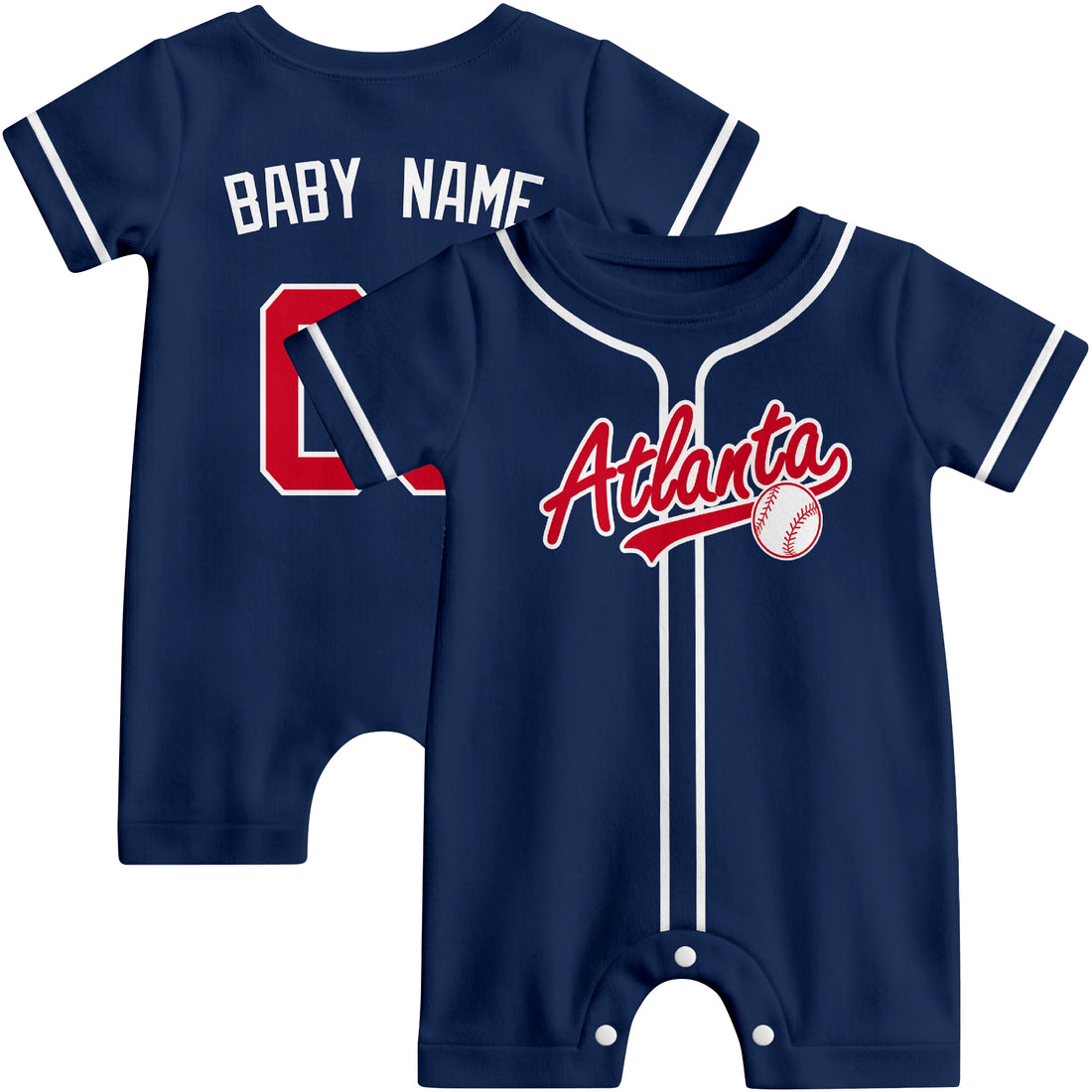 Atlanta Baby wearing custom baseball-style romper in navy and red with personalized name and number, shown beside two additional sporty color variations
