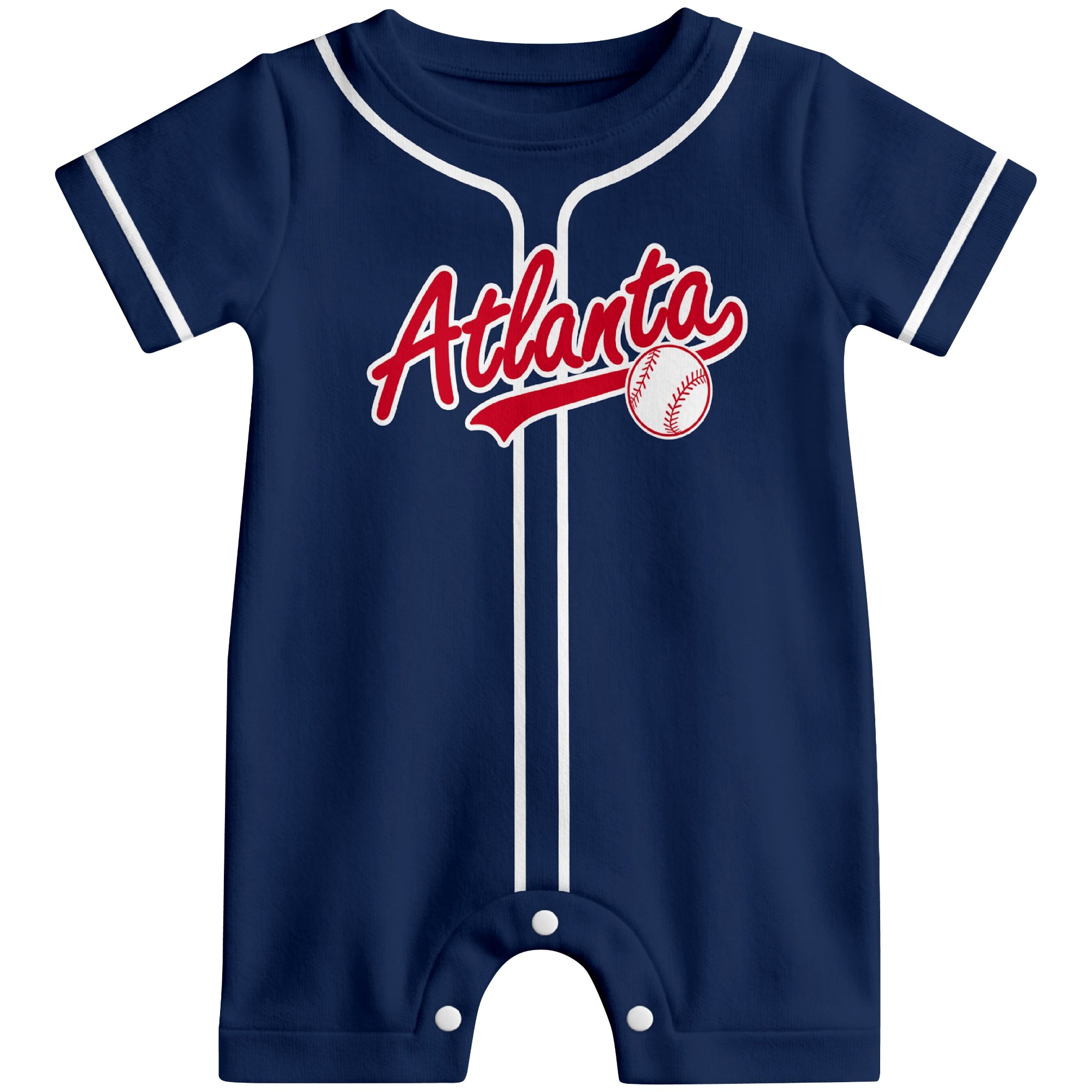 Front view of navy custom baseball-style baby romper with team-inspired text design