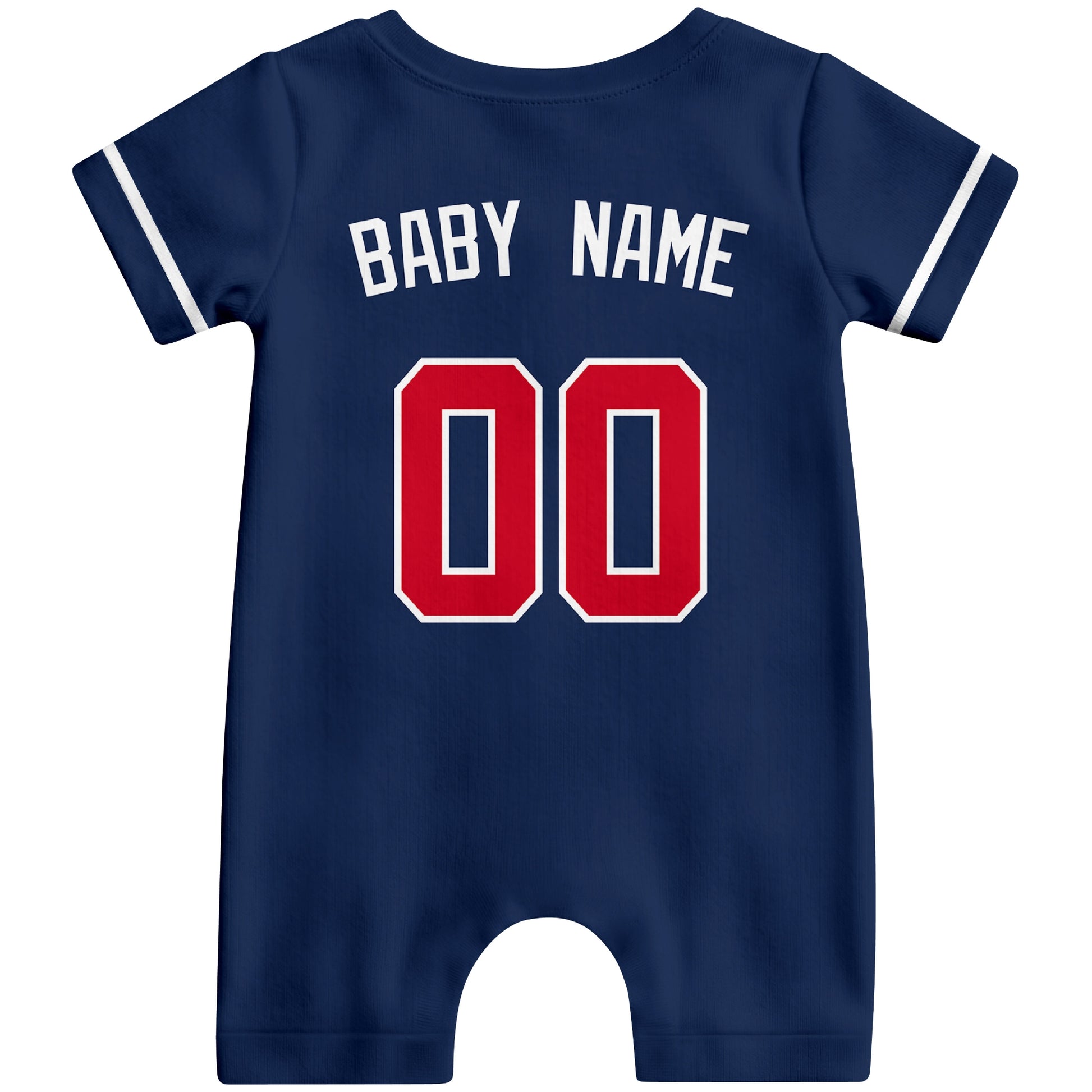 Back view of navy custom baby romper with personalized name and number