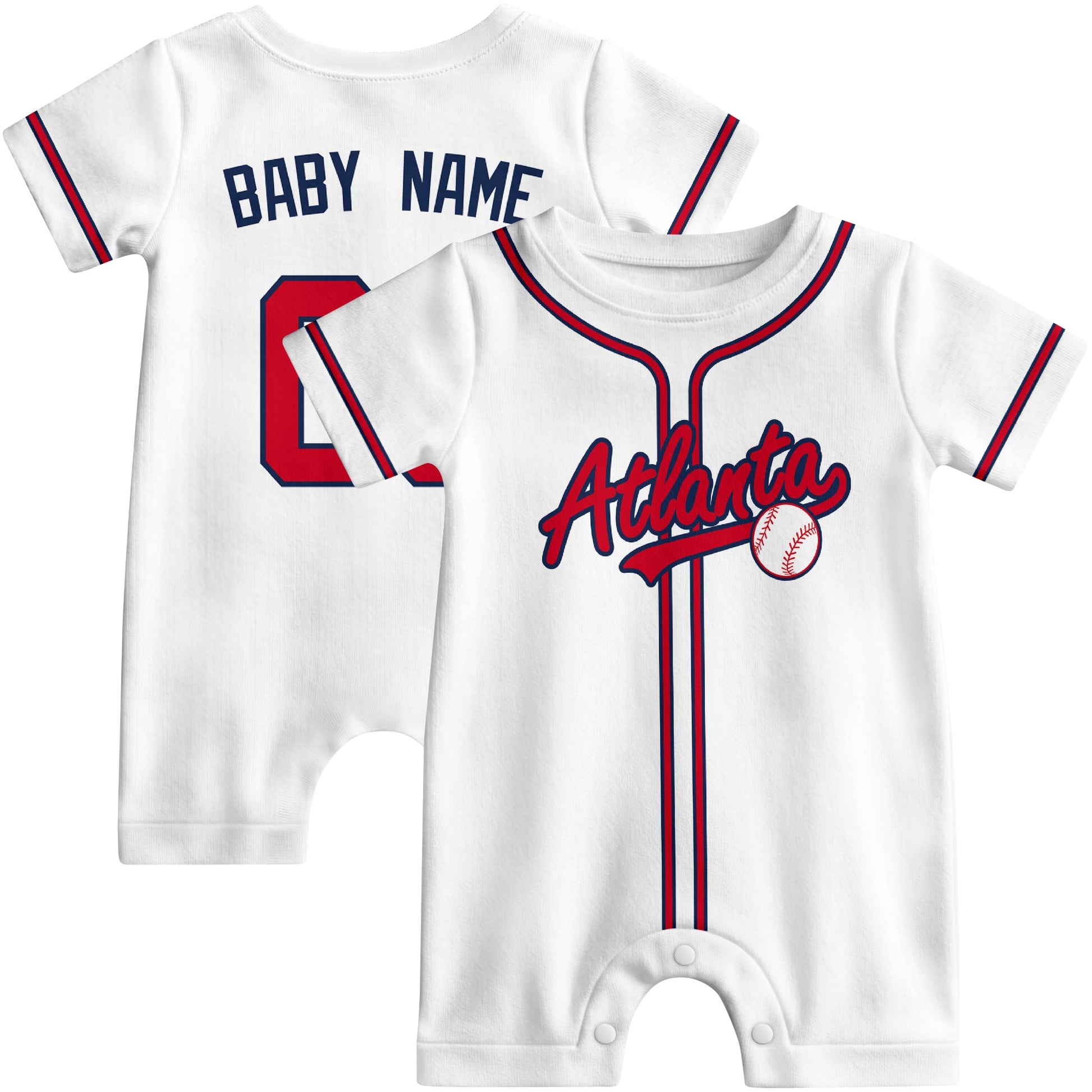 Front and back view of red custom baseball-style baby romper