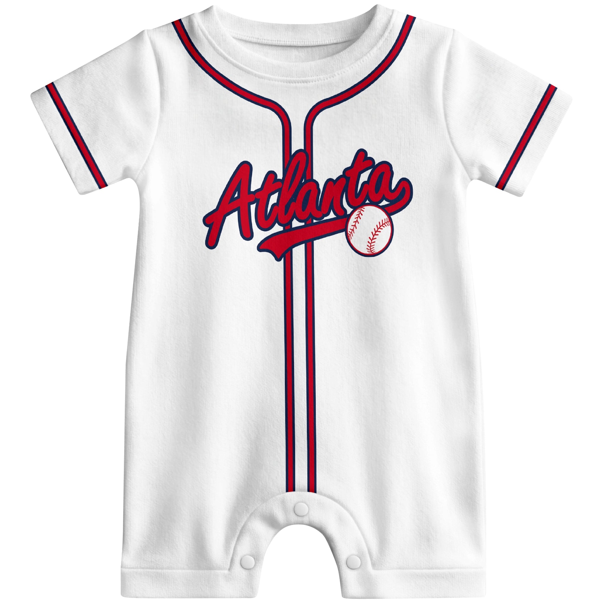 Front view of red custom baseball-style baby romper with team-inspired text design