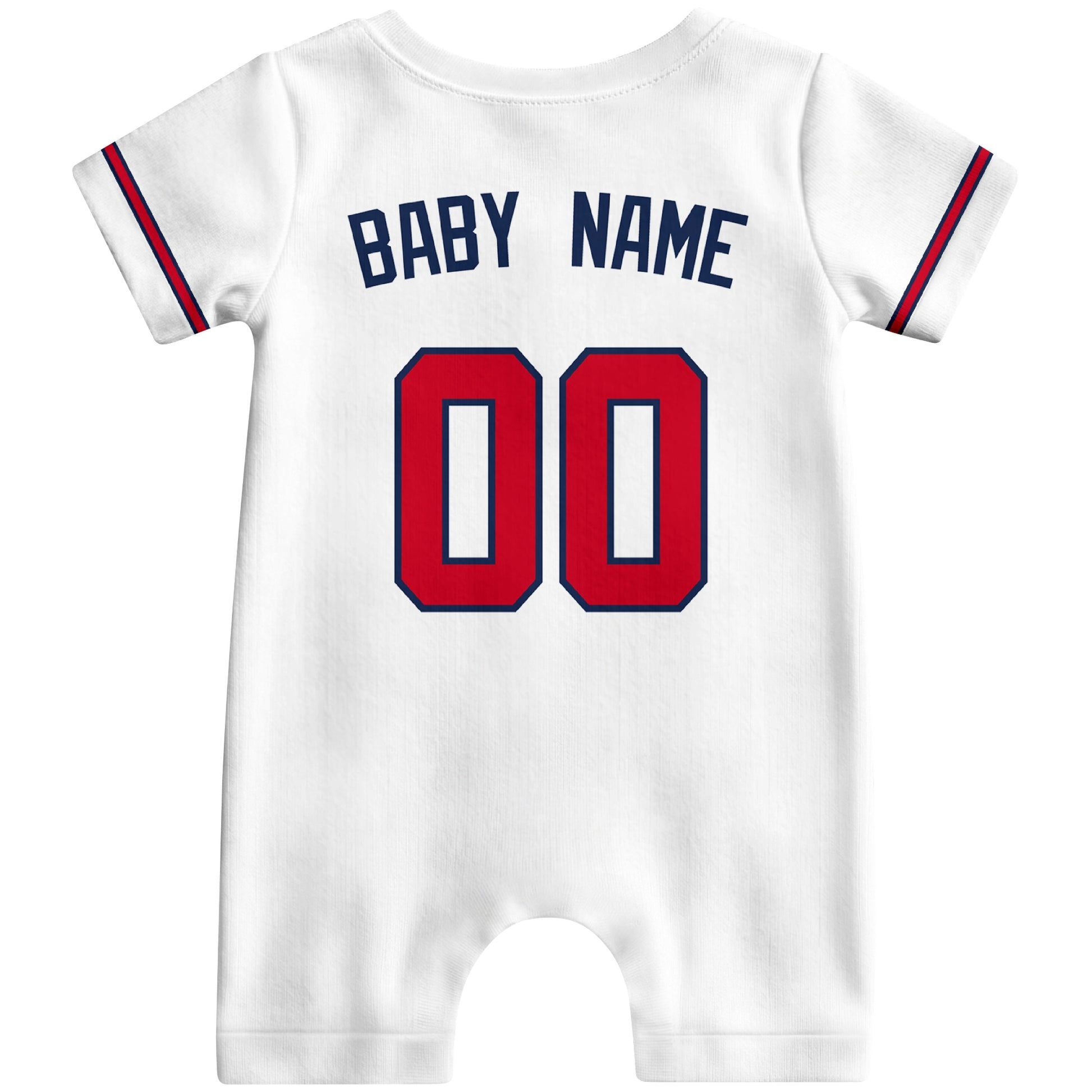 Back view of red custom baby romper with personalized name and number